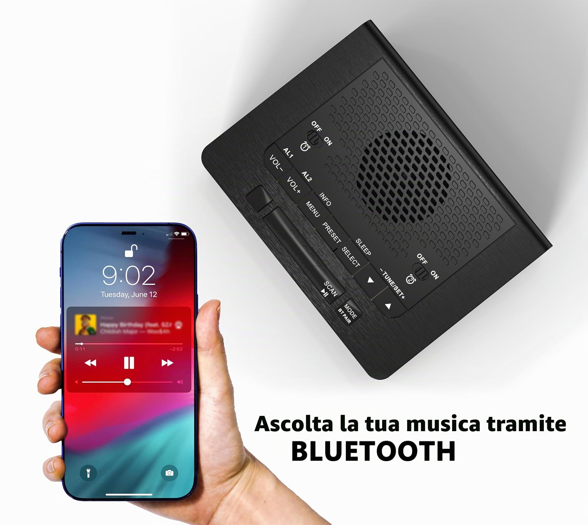 iTOMA Sveglia radio DAB e FM con 40 stazioni preimpostate, display LCD dimmerabile, doppia sveglia con pulsante ON/OFF, snooze, Bluetooth 525