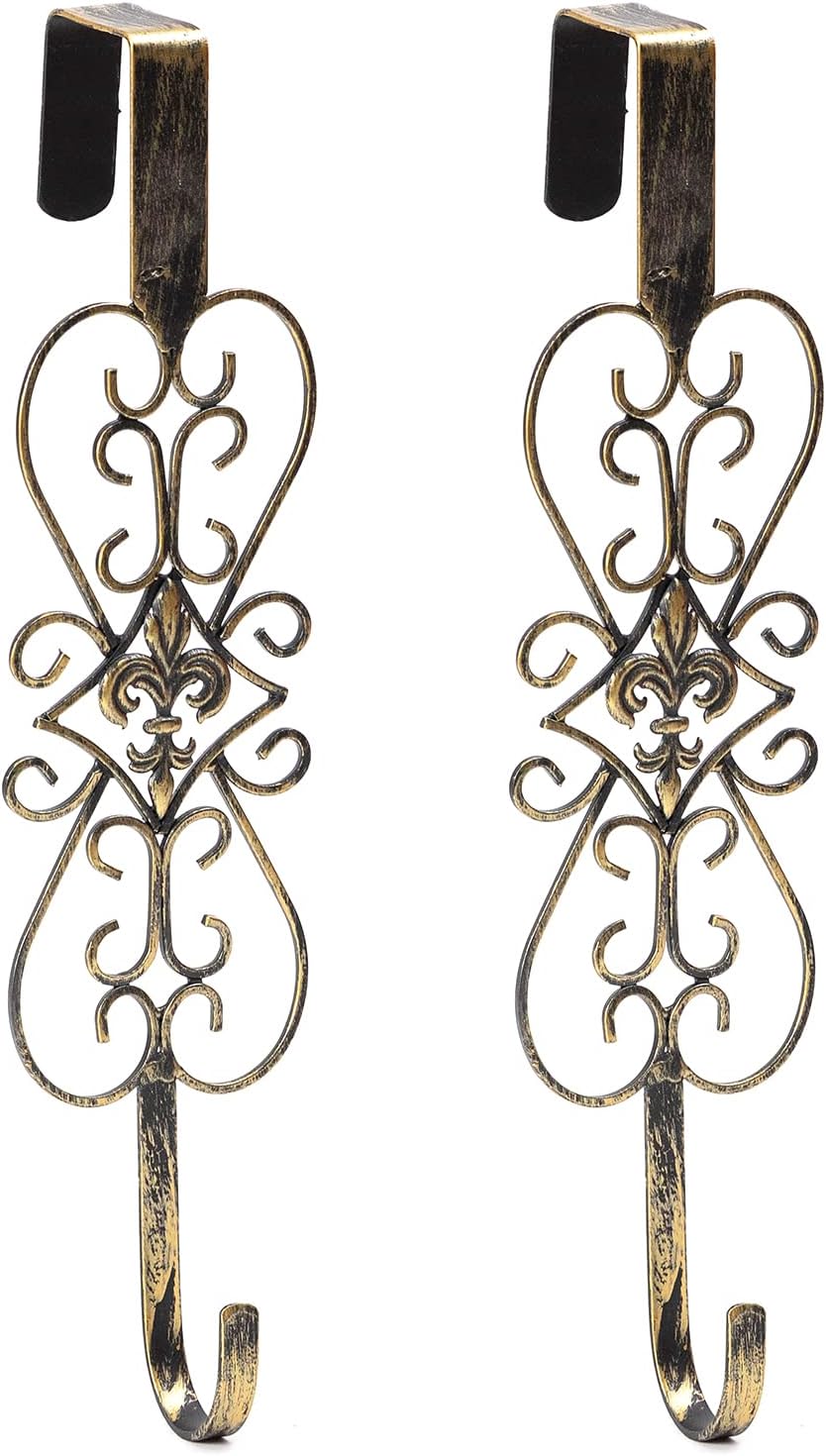 15" Door Wreath Hangers, 2 Pack Metal Wreath Hooks for Front Door, Christmas Easter Decorations Wreaths Hanger, Thin Overdoor Hooks for Home Decor, Metal Outdoor Wreaths Holder - Antique Gold 2 PCS Wreath Hangers