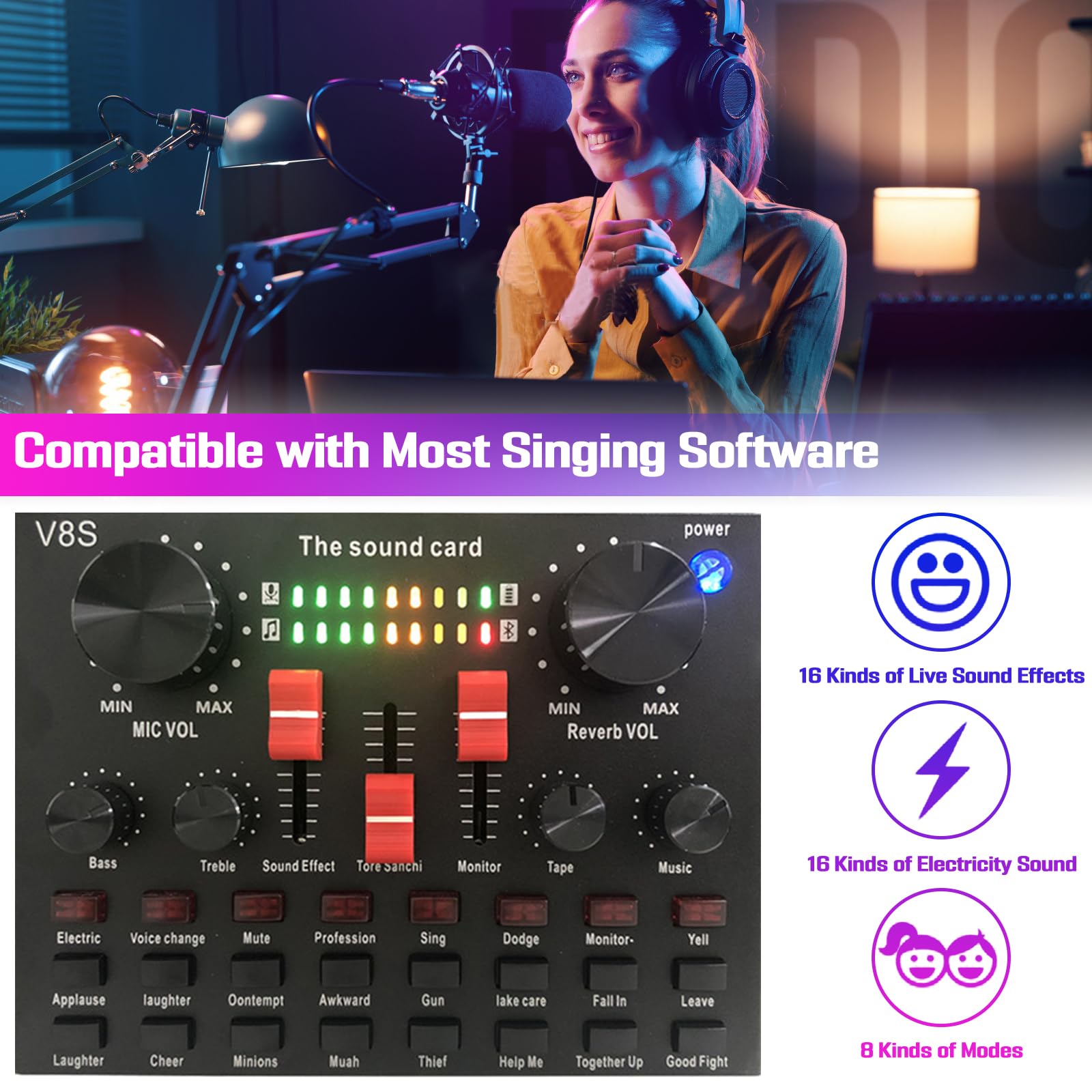 Tarjeta de sonido en vivo, tarjeta de efectos de sonido V8S con 16 efectos de mezclador DJ, 16 efectos de sonido en vivo, 8 modos divertidos, placa de sonido externa USB de audio karaoke portátil,