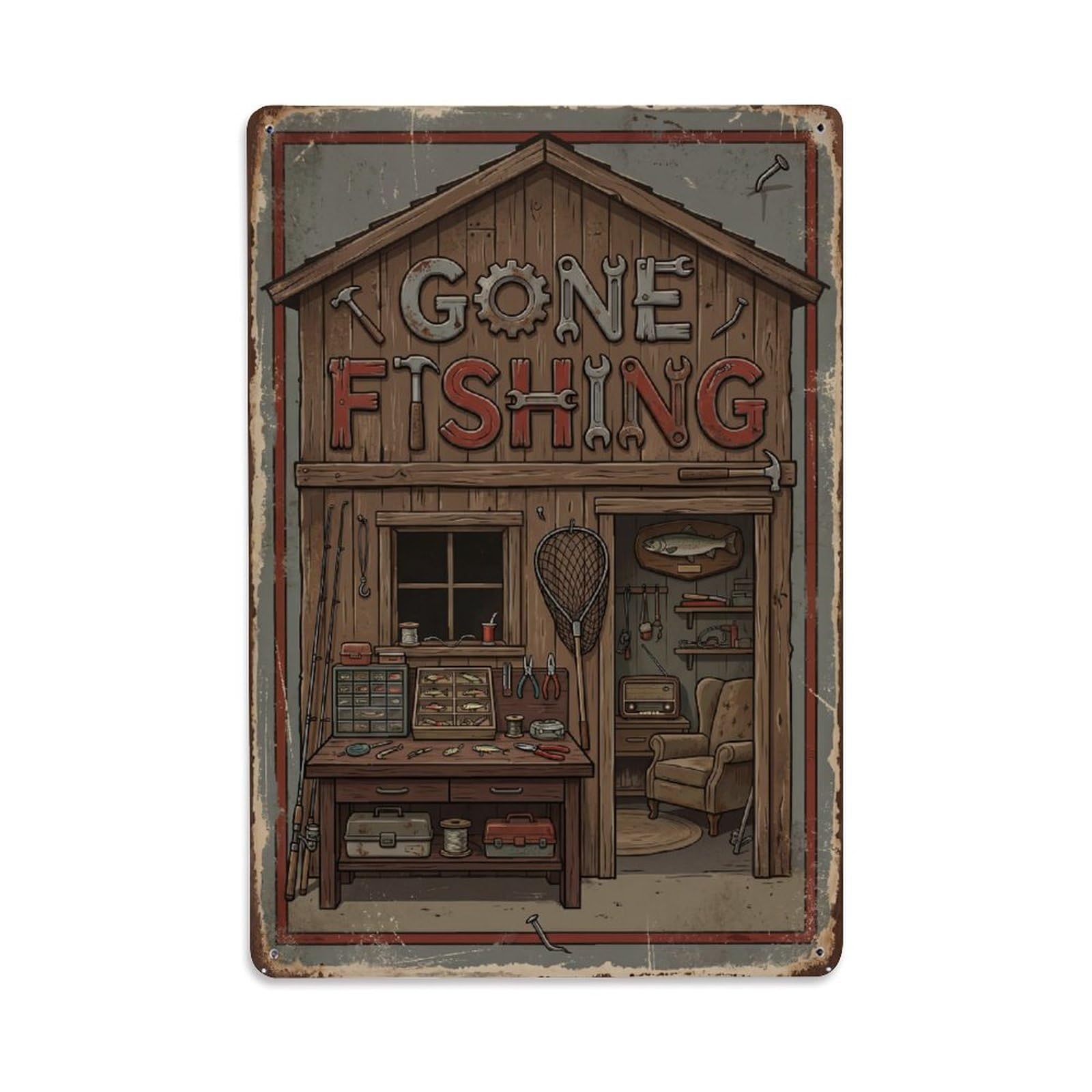 Gone Fishing Shed Decoration Vintage Metal Tin Sign Plaque Wall Decor for Cafe, Club, Garden Metal Poster 8x12Inch