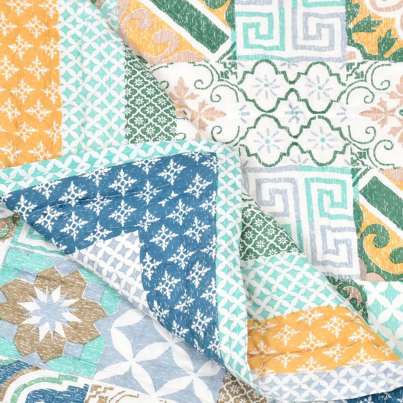 Image of BLOCKS OF INDIA Hand Block Printed Cotton King Size Quilt /Rajai (90 Inch X 108 Inch Blue CHOKDI) Skin Friendly, 300 TC