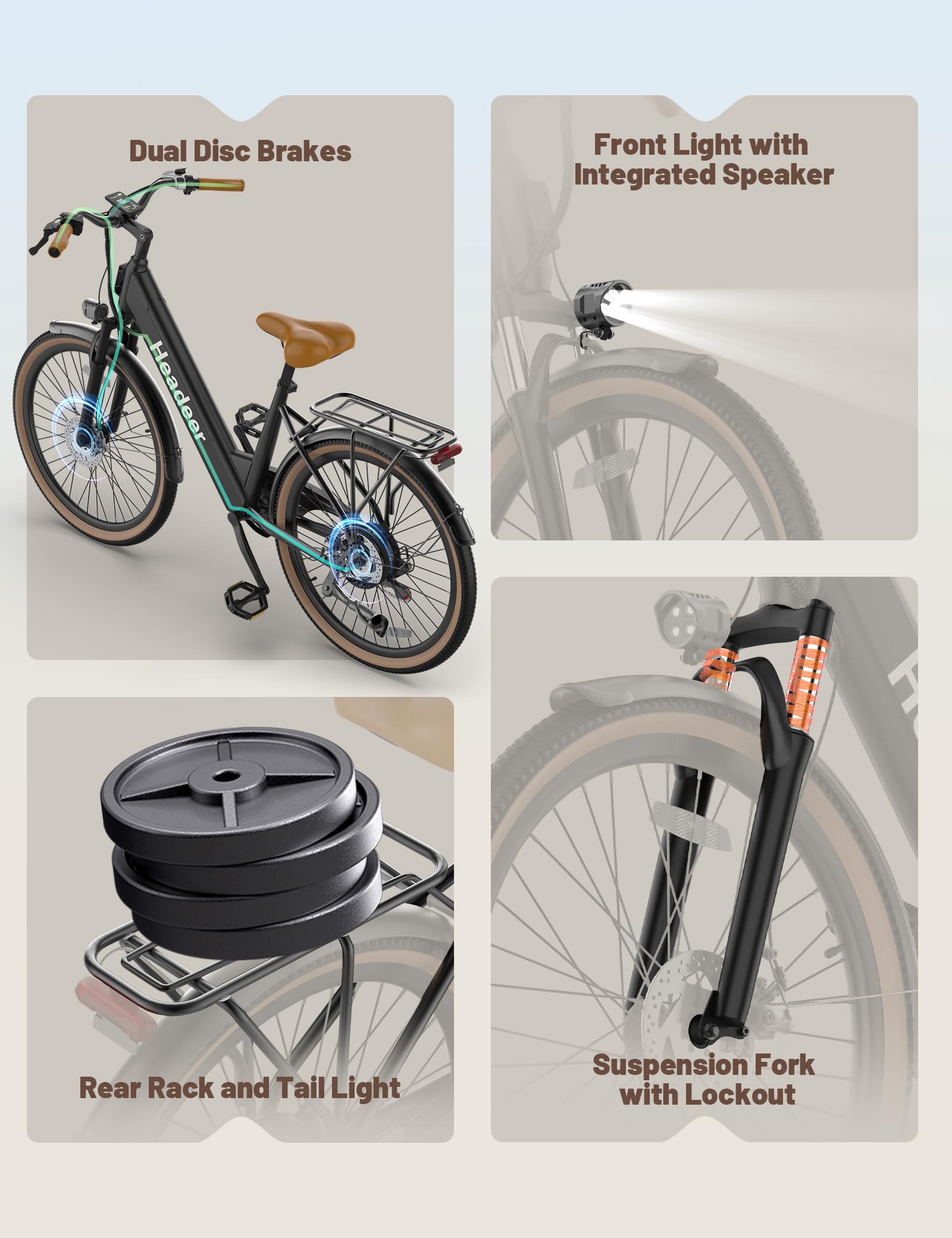 HEADEER BD26195 Velo Eletrique 26" pour Adultes, Batterie Amovible 48V 11.5Ah, Autonomie 80KM, Ebike Urbain avec Écran Couleur, 7 Vitesses et Fourche Suspendue avec Verrouillage, pour Hommes & Femmes