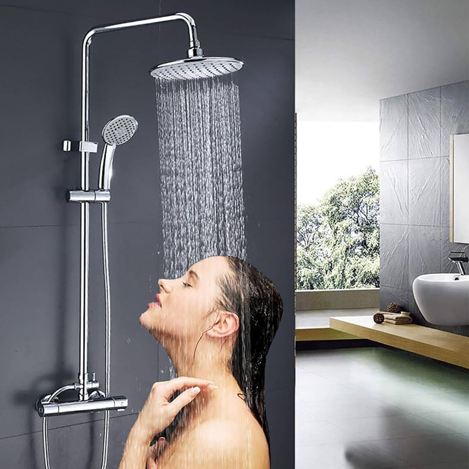 Columna de Ducha Termostática con Alcachofa de mano y Soporte. Grifo Ducha De Baño Columna de Acero Inoxidable.