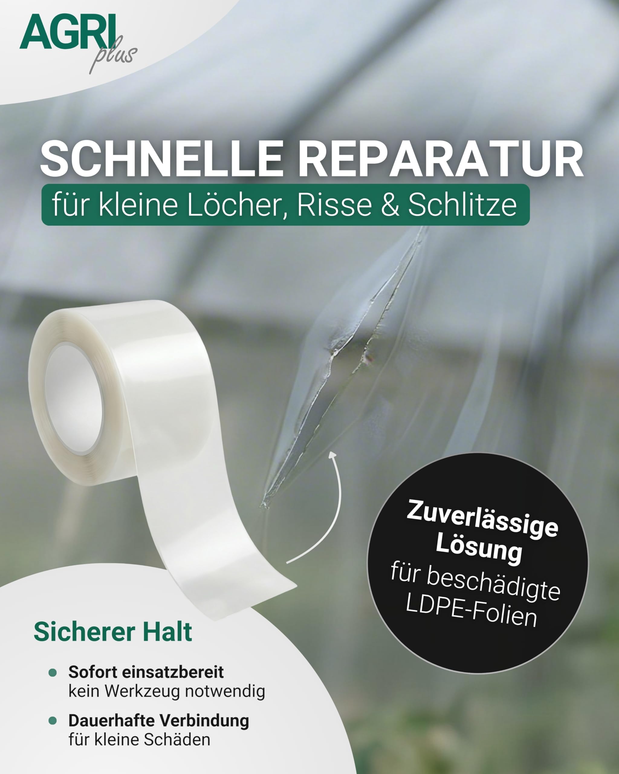 AGRIplus Gewächshausfolie inkl. Reparaturband I 3,2 x 5 m I Verschiedene Größen I UV-beständige, wetterfeste & reißfeste Gartenfolie I 200 µ Starke Abdeckfolie für Gewächshaus & Outdoor-Einsatz