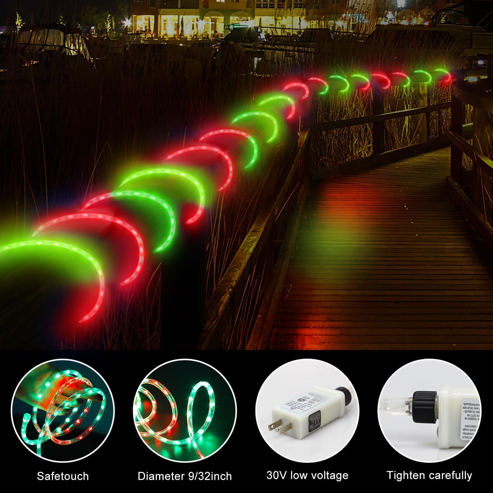 Tira de luces de Navidad para exteriores, 50 pies, 600 luces LED rojas y verdes, tubo de luz impermeable enchufable en 8 modos de memoria, luces de Navidad permanentes para decoración de la