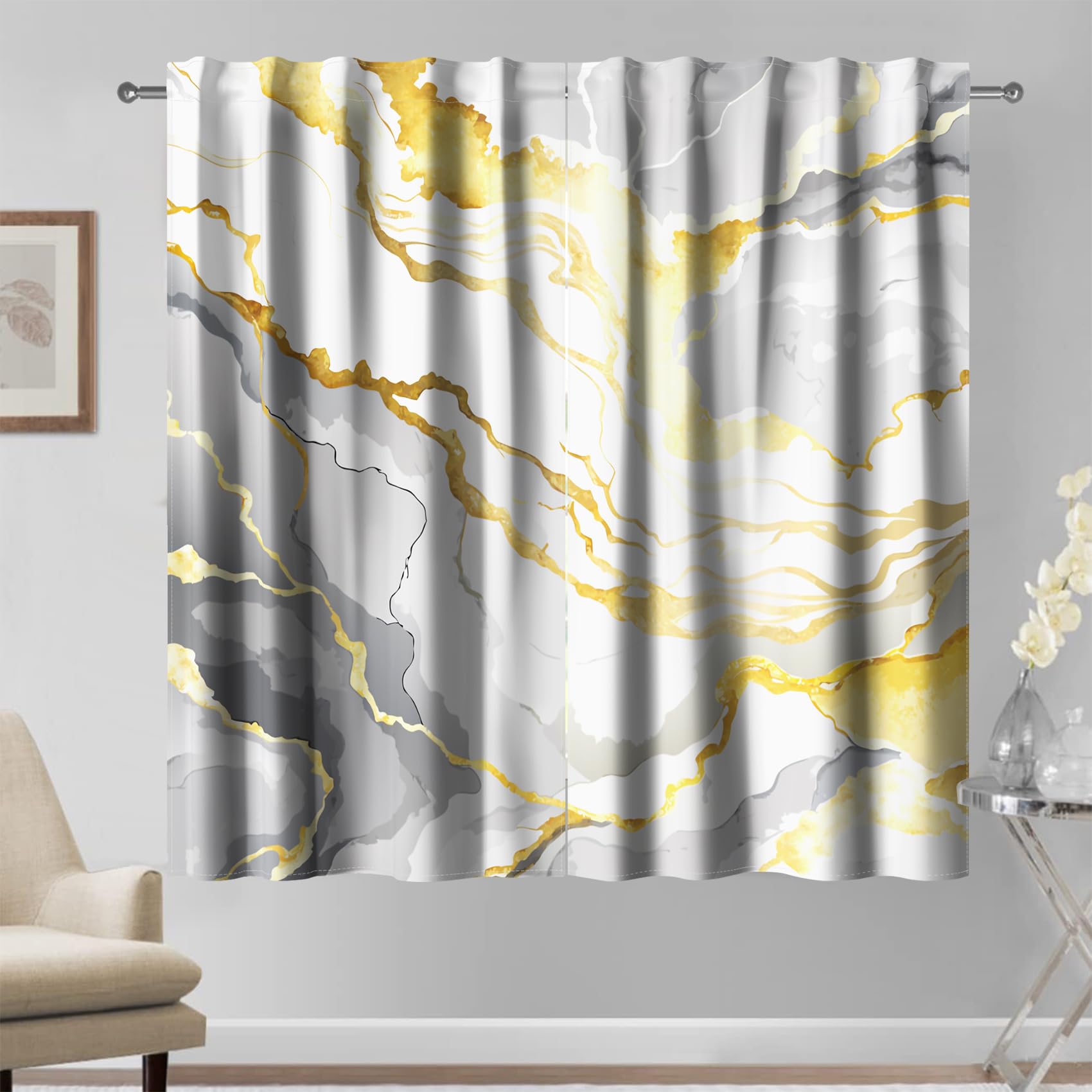 Kzzfqxb 132×214cm Cortinas de mármol Blanco Dorado y Gris, Lujosas Cortinas de con Nubes Doradas, 2 Paneles, Cortinas para Sala de Estar y Dormitorio, Nobles líneas Doradas Modernas