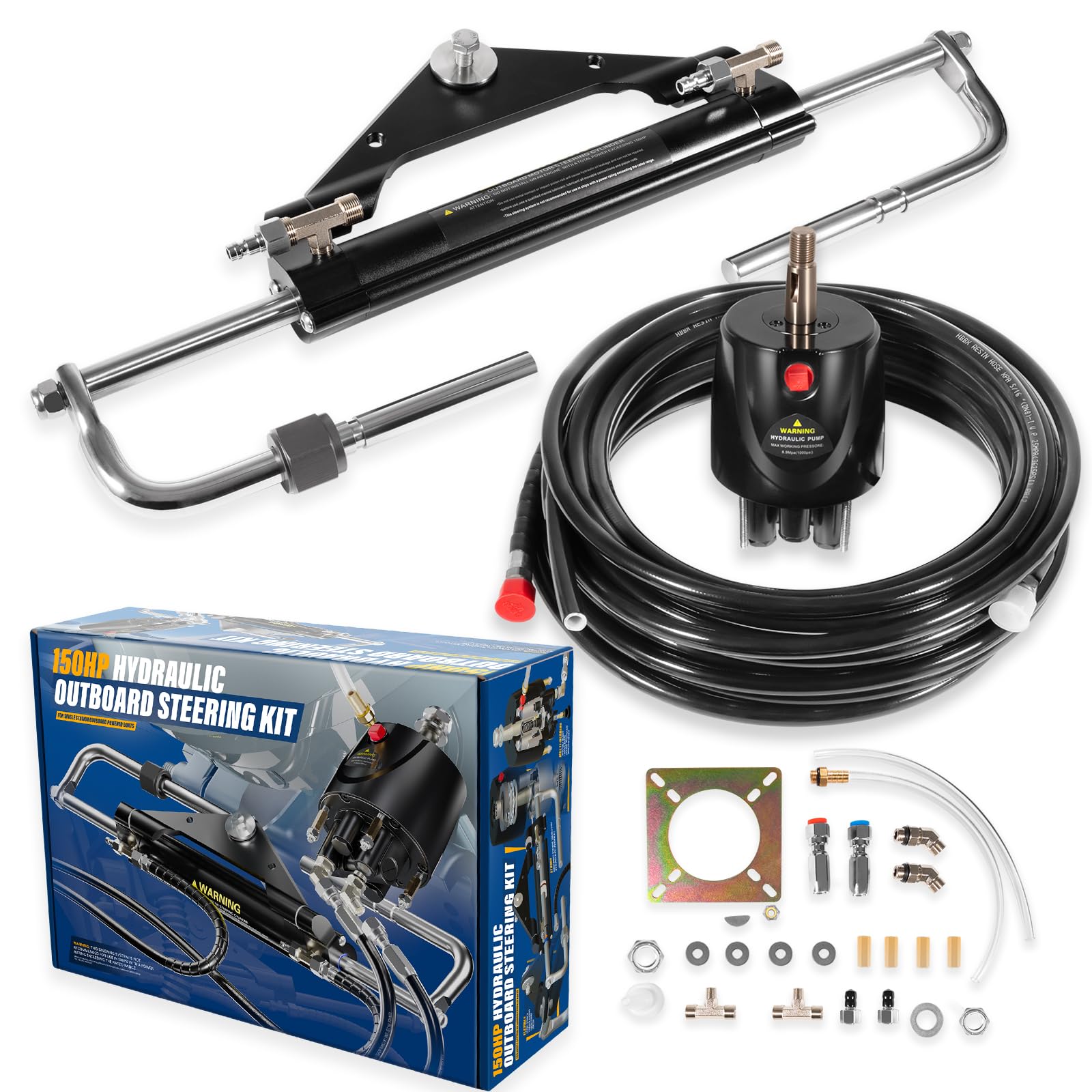 150HP Outboard Hydraulic Steering Kit HK4200A-3 for Marine Boat System, 26.8ft Cuttable Hoses, 6.9Mpa Helm Pump, Dual Lock Cylinder, Fits Yamaha/Suzuki/Mercury/Honda/Single Station Single Engine Use