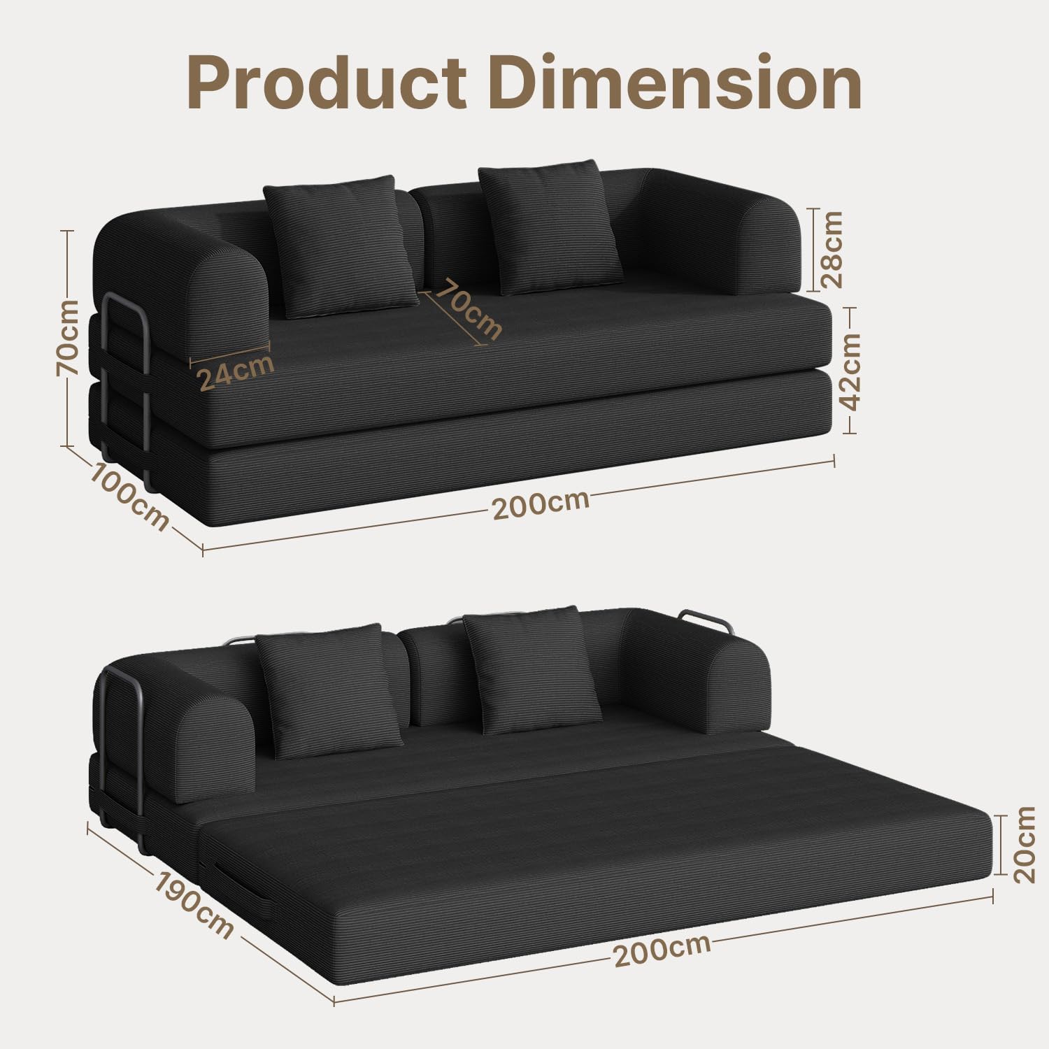 Xbro Divano Letto Matrimoniale 2 Posti Convertibile, Divano Modulare Salvaspazio con Struttura in Metallo e Schiuma ad Alta Resilienza, per Soggiorno Monolocale e Ospiti, 200 x 190 cm