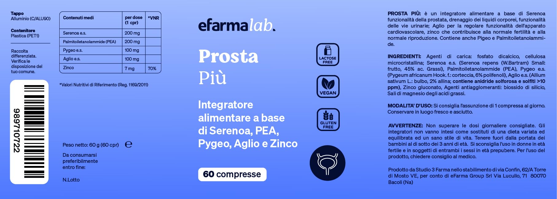 eFarmaLab Prosta Più Integratore per la Prostata con Serenoa Repens, Pygeum, PEA e Zinco | Benessere Prostatico e Urinario | 60 Compresse | Made in Italy