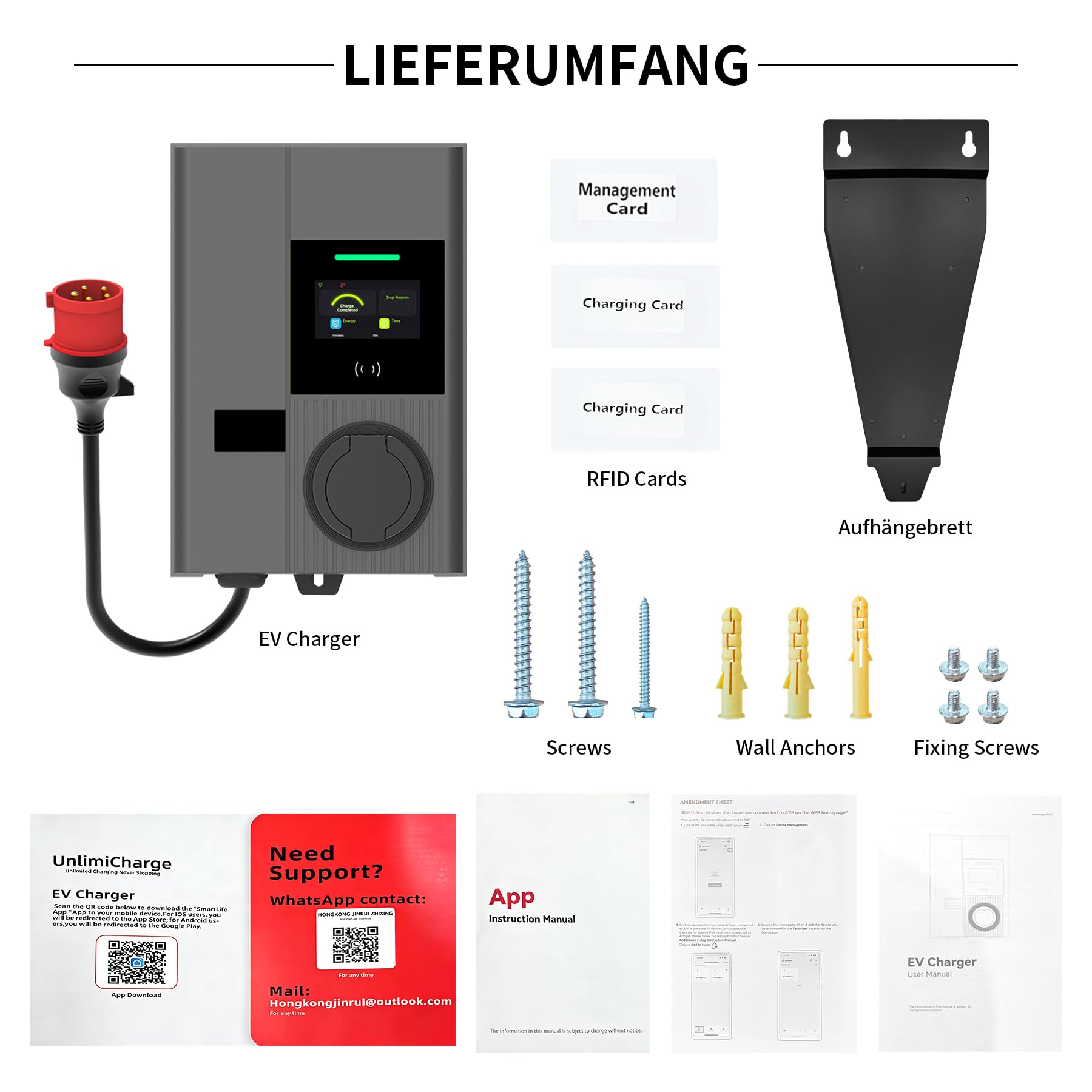 Wallbox 11kW with App & RFID - Wall Box with CEE Plug, 3-Phase Type 2 EV Charger 400V, 6-16A, Electric Car Charging Station for BEV PHEV ID.3/4/5/7 Model 3/Y