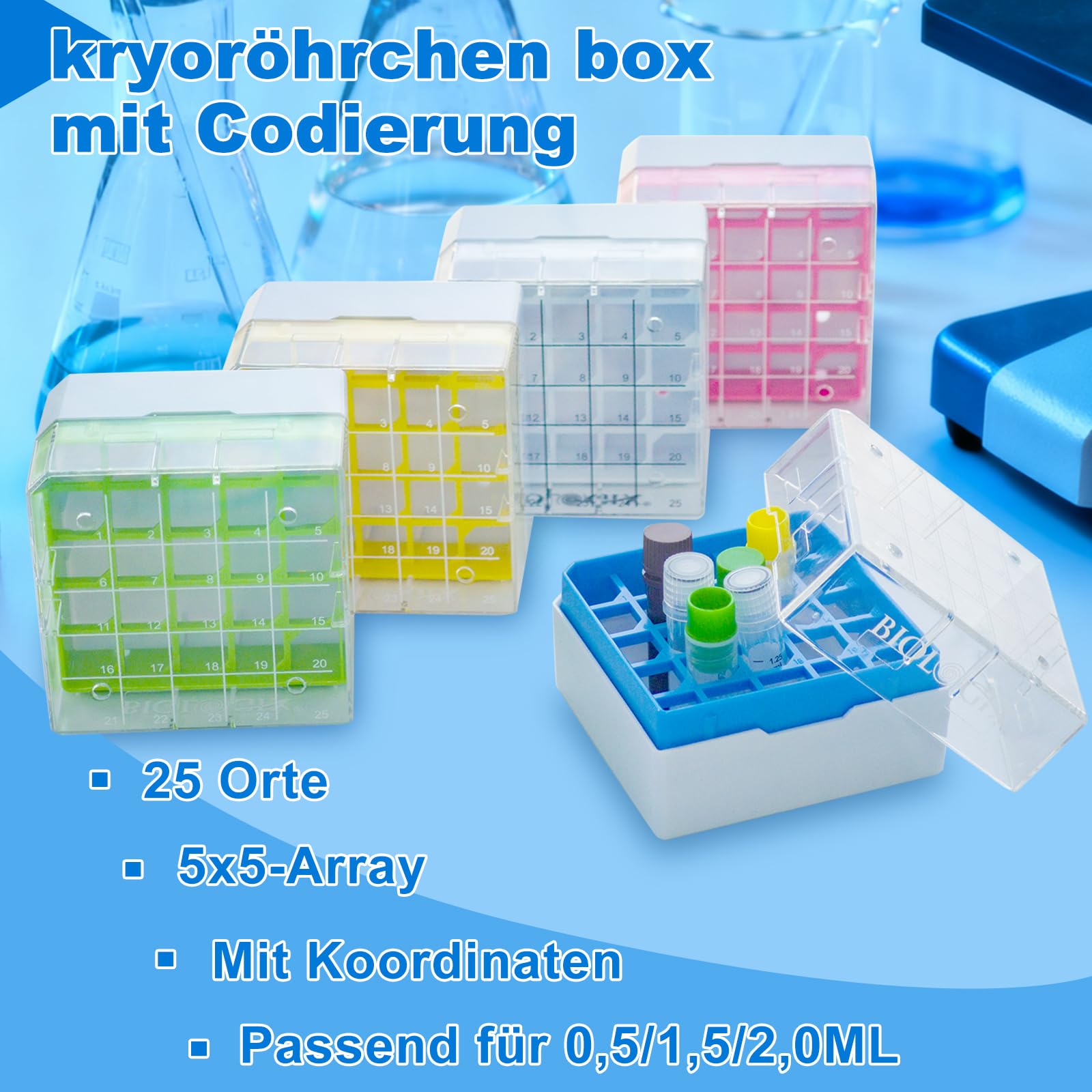 5 Stücke Kryobox, kryoröhrchen box mit Codierung, Mikrozentrifugenröhrchenbehälter, Kryogene Aufbewahrungsboxen, 25 Gitter, PC, 2 Zoll, 75 * 75 * 52mm (5 Stücke)