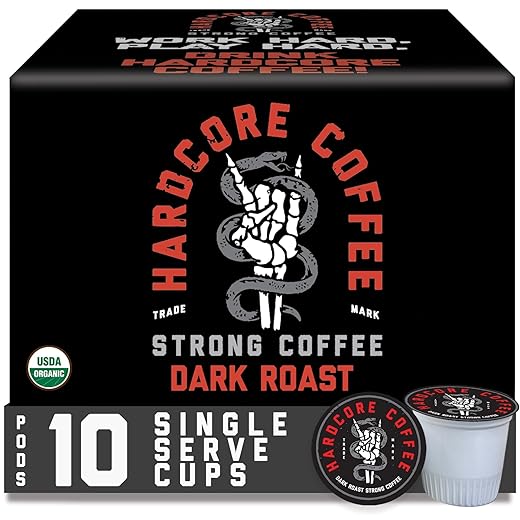 Hardcore Single Serve Coffee Pods for Keurig K Cup Brewers, High Caffeine, Strong Roast, 10 Count