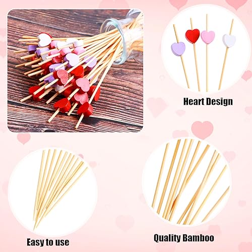 Miniatura 3 de FOIMAS 200 palillos de bambú en forma de corazón, rojo, rosa, morado, para aperitivos, frutas, alimentos, pasteles, día de San Valentín, fiesta,