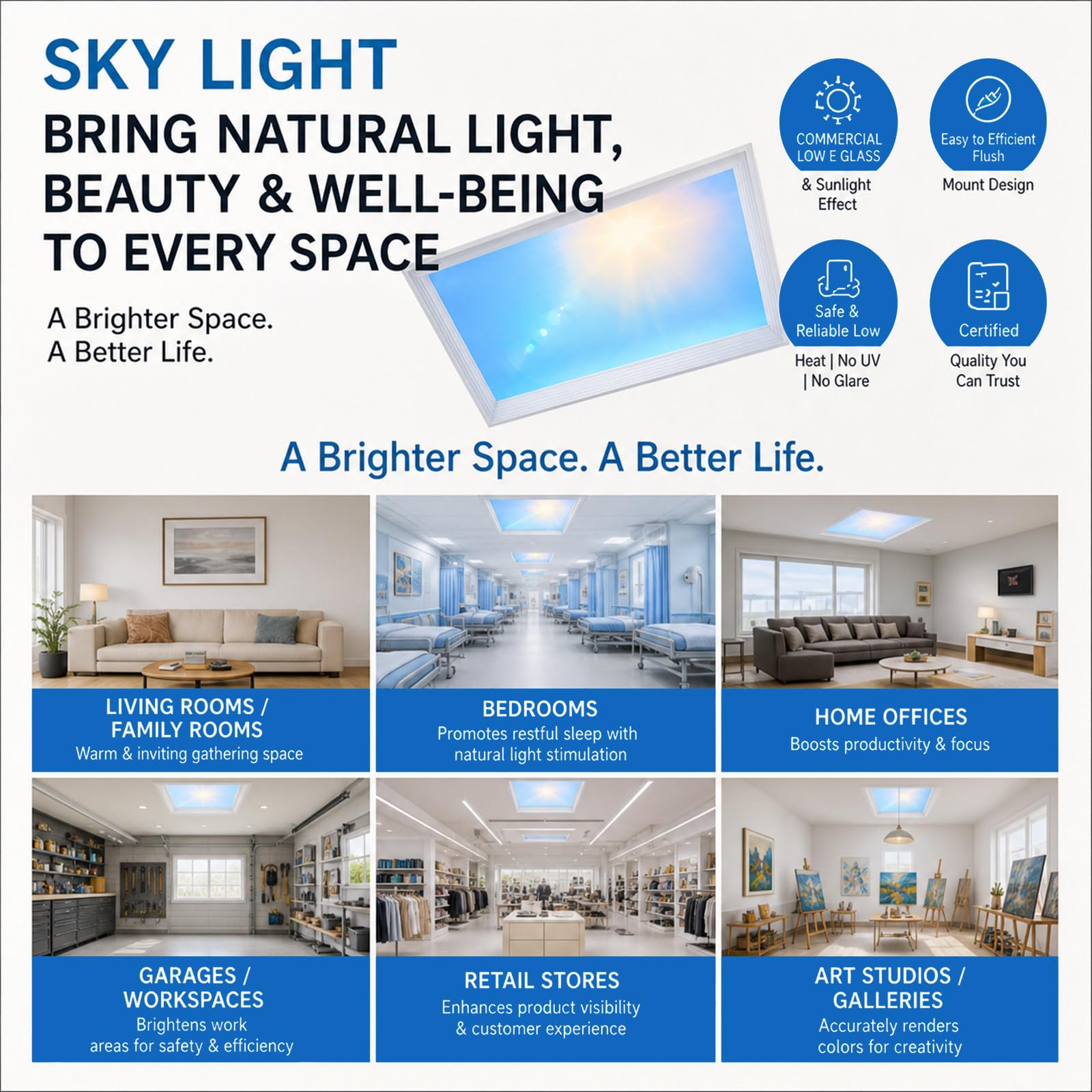 Panel Led con Mando A Distancia,LáMpara De Techo Led Inteligente Luz Azul, No Requiere Techo, Realza FáCilmente El Estilo De Tu Apartamento De Alquiler BlueskyB-65W