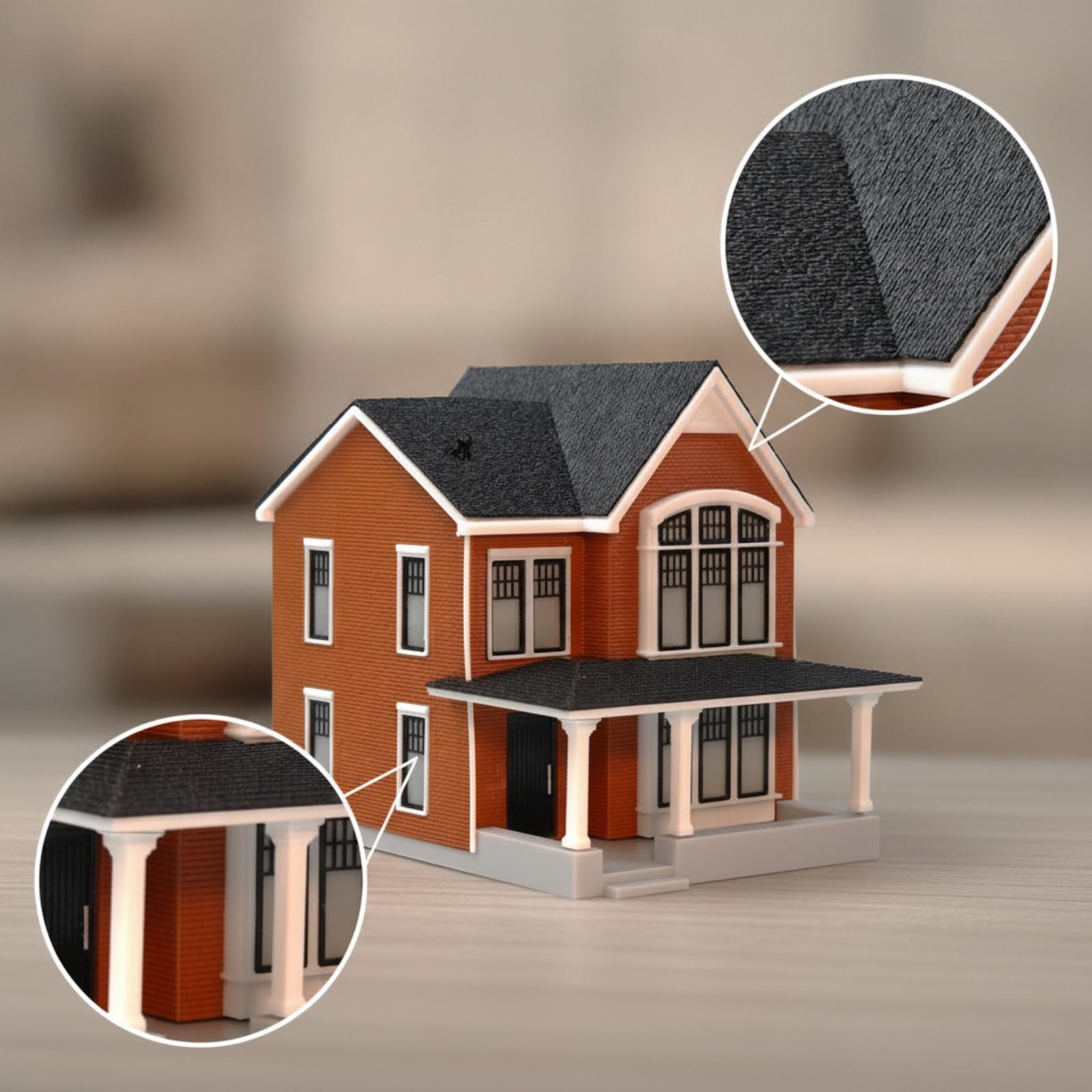 Miniatura Architettura Villa Modello Diorama Plastica Base Personalizzabile Due Piani Tetto a Due Falde Facciata Finestra Ad Arco Portico Colonne, Marrone Rosso