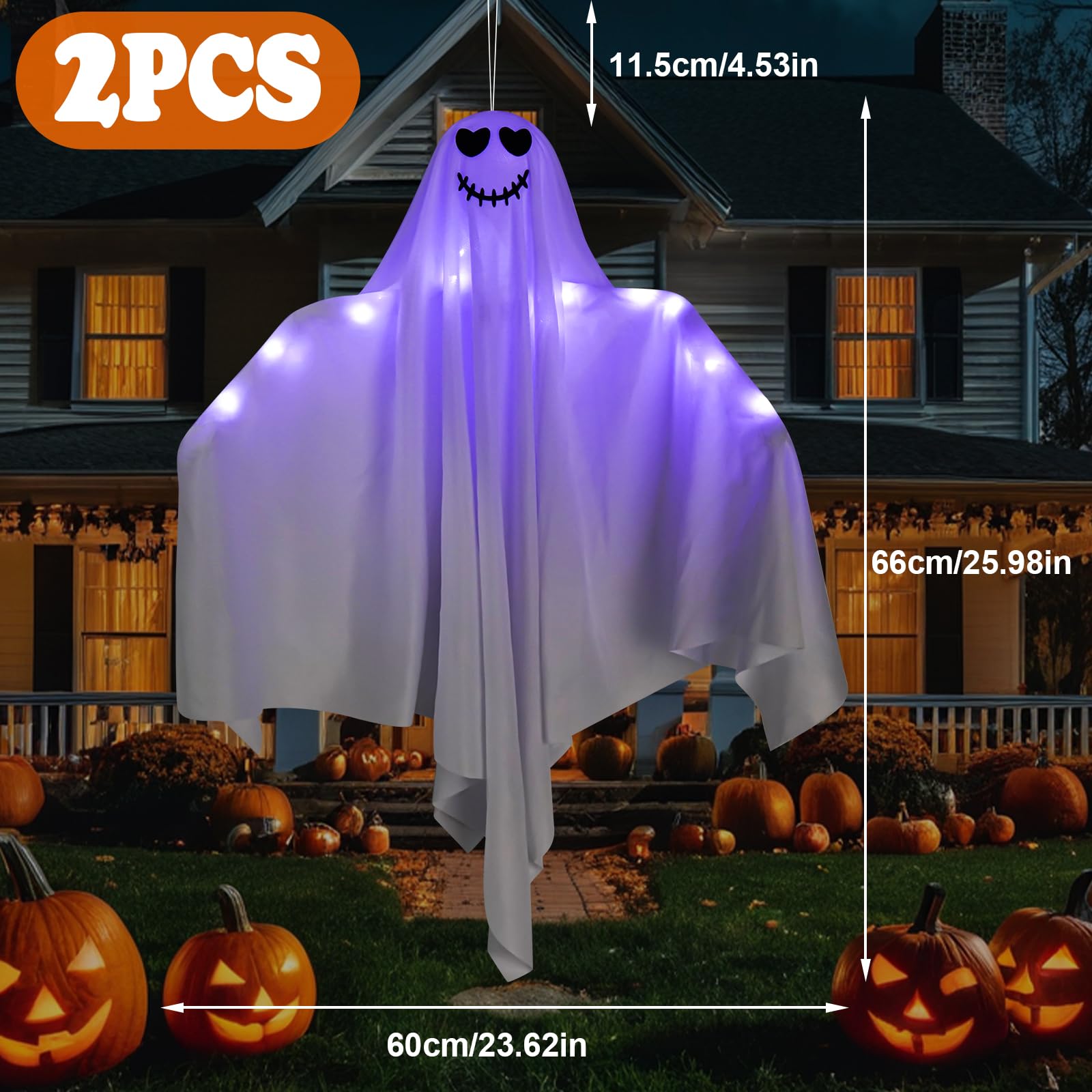 Luz Fantasma Colgante Halloween, 2 Piezas Fantasma Halloween Decoracion, Decoración Halloween Exterior Interior, Colgante Espeluznante Decoración para jardín, Ventana, Bar
