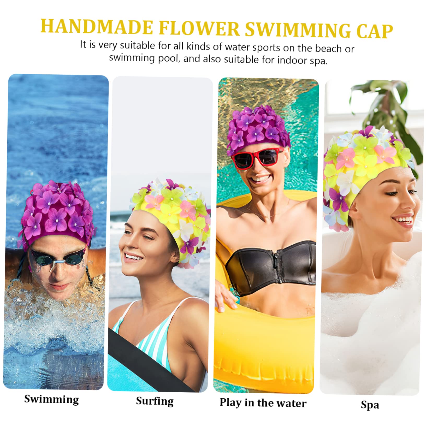 HEMOTON 2 Pezzi Cuffia da Nuoto Donna Floreale, Nylon Elasticizzato, Antiscivolo e Protettiva per Nuoto e Bagno