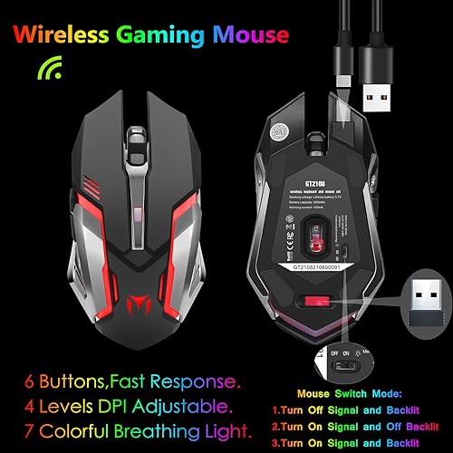 Miniatura 7 de Teclado y mouse inalámbricos RGB retroiluminados para juegos, recargable, batería de larga duración, teclado de tacto mecánico con reposamanos,