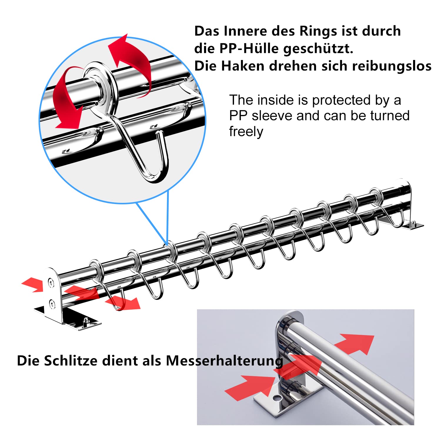 Appendiabiti da cucina, 12 ganci con adesivi magici, senza foratura, doppio tubo in acciaio inox, lunghezza estensibile da 40 cm a 72,4 cm (12 ganci)