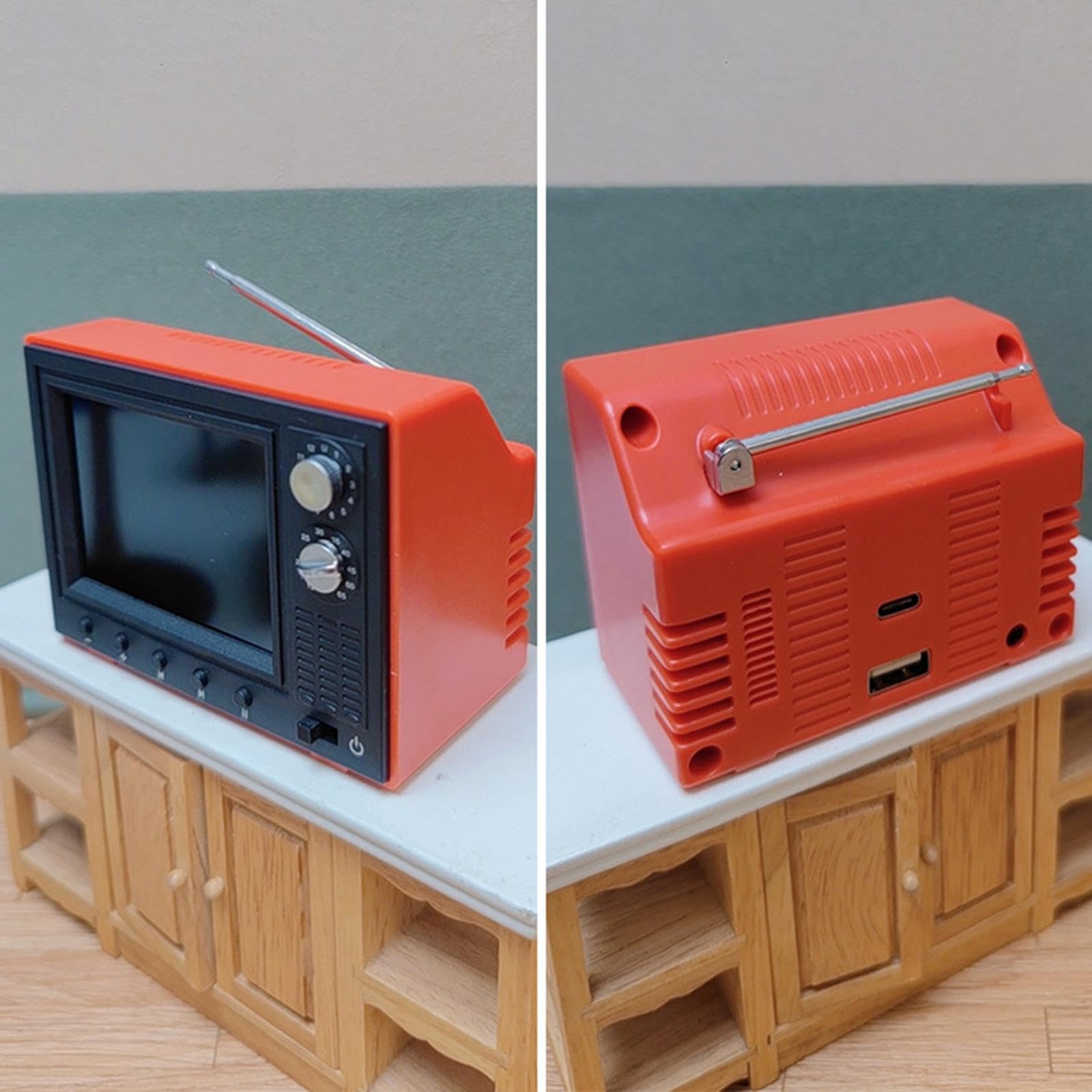 Sharplace Puppenhaus-Fernseher im Maßstab 1:12, winziger, spielbarer Fernseher im Retro-Stil für Mädchenpuppen, Geschenk, Puppenhausmöbel-Zubehör, Rot