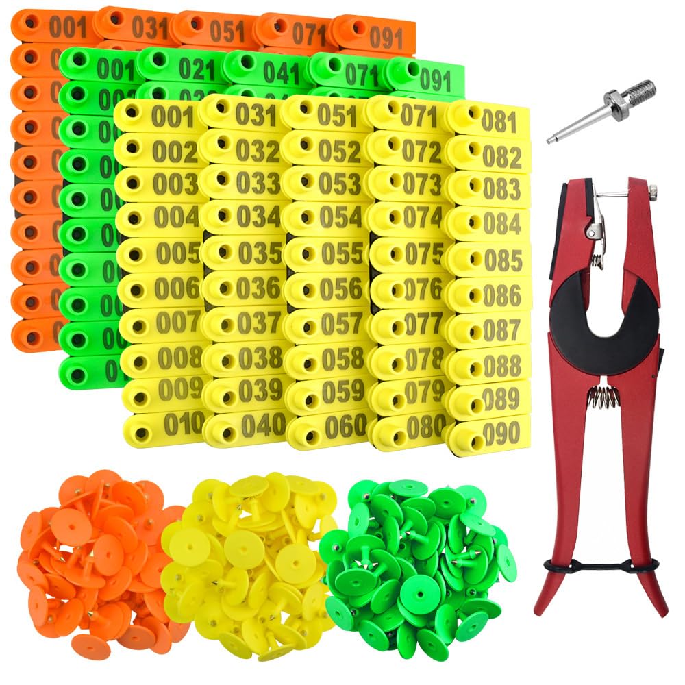 WGCD 300 pezzi di plastica bestiame Ear tag tag blu giallo arancio verde e 1 pz orecchio tag applicatore per capra Sheep Pig