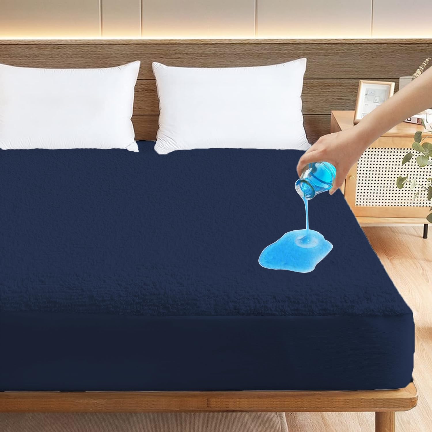 LINENWALAS 100% Waterproof Premium Cotton Feel Mattress Protector|Breathable and Hypoallergenic Ultra Soft Fitted Bed Protector Cover (75”x60” Fits Upto 10 Inches Mattress, Navy Blue)-image-24