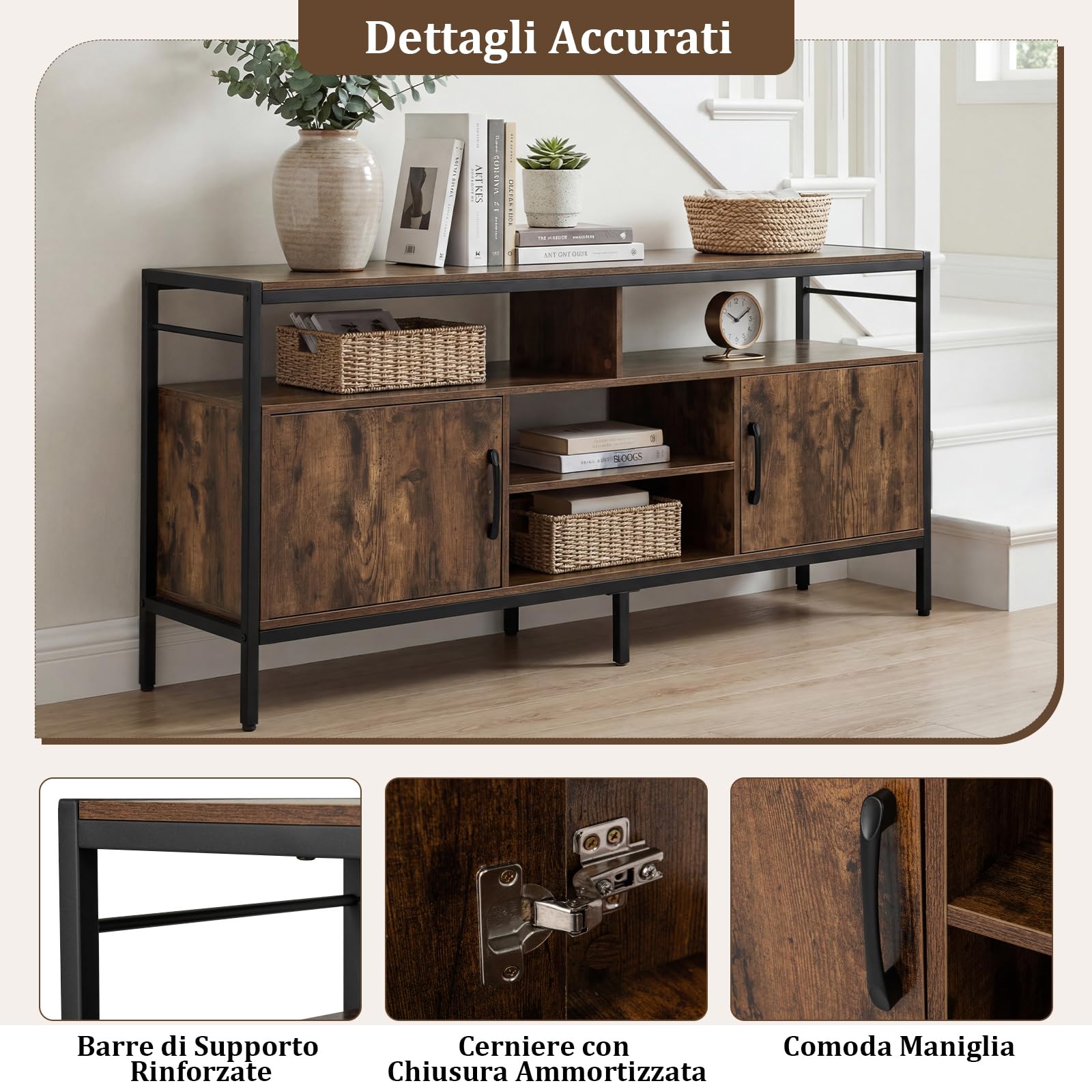 COSTWAY Mobile TV Soggiorno fino a 65", con 2 Armadietti e 4 Ripiani Aperti, Tavolino Porta TV con Gambe in Metallo, Centro di Intrattenimento per Soggiorno Camera da Letto (Marrone, 147 x 35 cm)