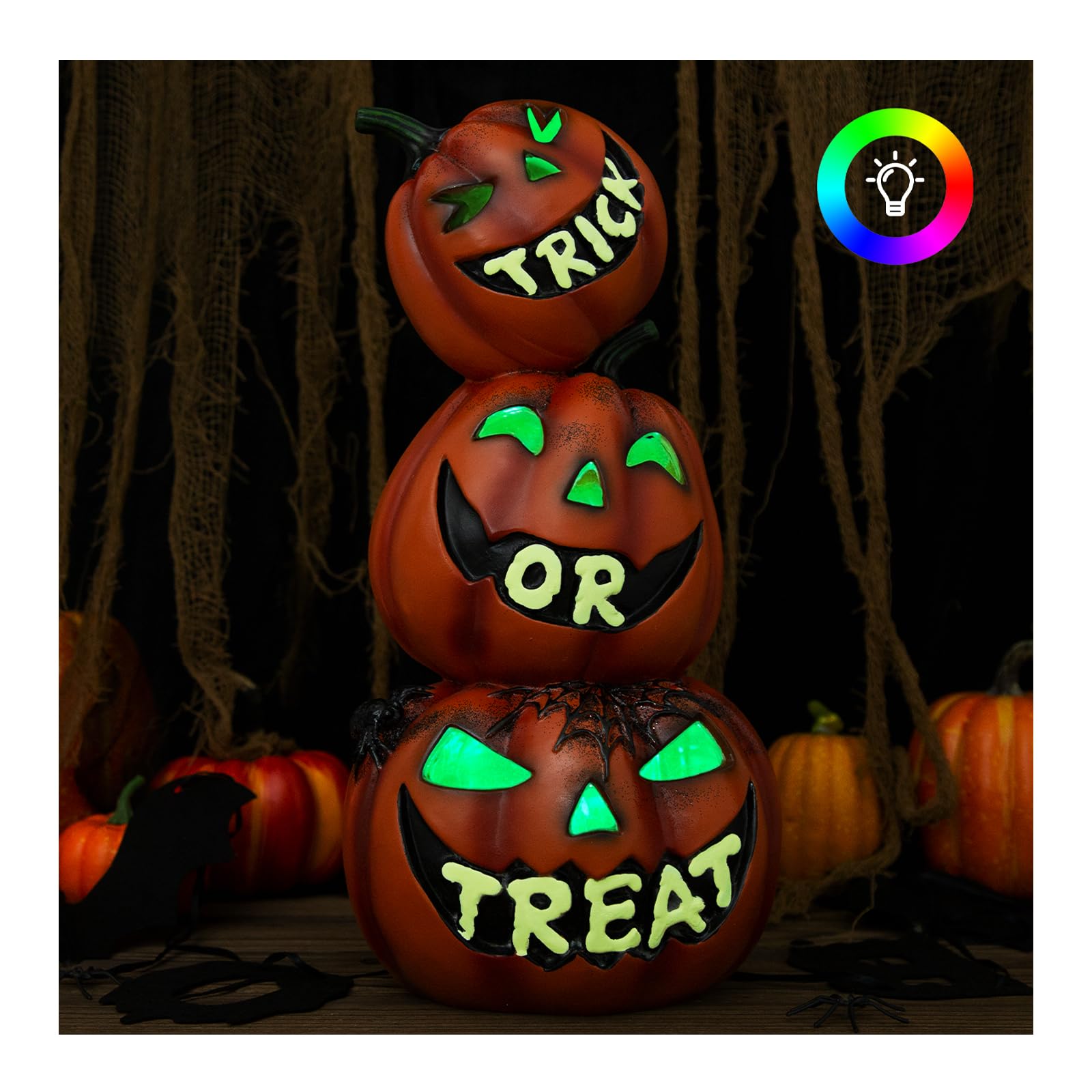 Halloween Pumpkin Decorations - H 15.7" Large Stacked Pumpkin Lights Resin Jack O Lantern Pumpkin for Halloween Porch, Tabletop, Indoor Trick Or Treat Party Decorations