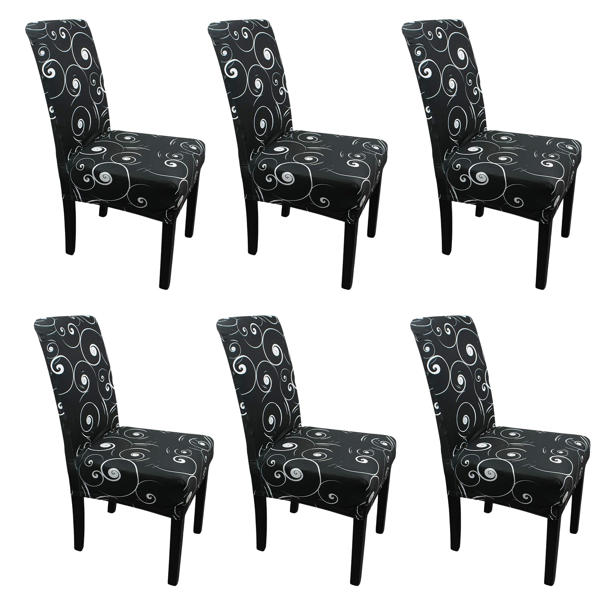 Printed High-Back Chair Covers for Dining Room Chairs – Spandex Stretch, Universal Armless Chair Protective Slipcover for Kitchen, Wedding, Party, Banquet & Hotel, Paisley Pattern - Black, Pack of 6
