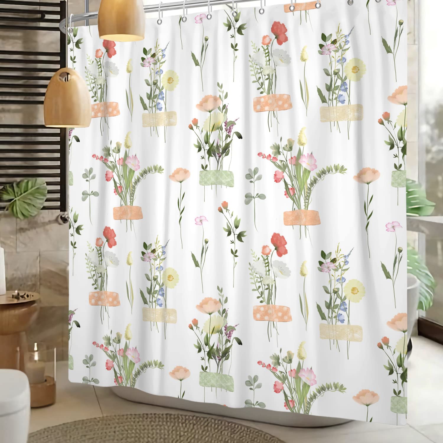 Tenda Da Doccia MitoVilla Floreale Gialla Con Piante E Fiori Cosmo, 182x183 Cm, Tessuto Per Bagno Vintage