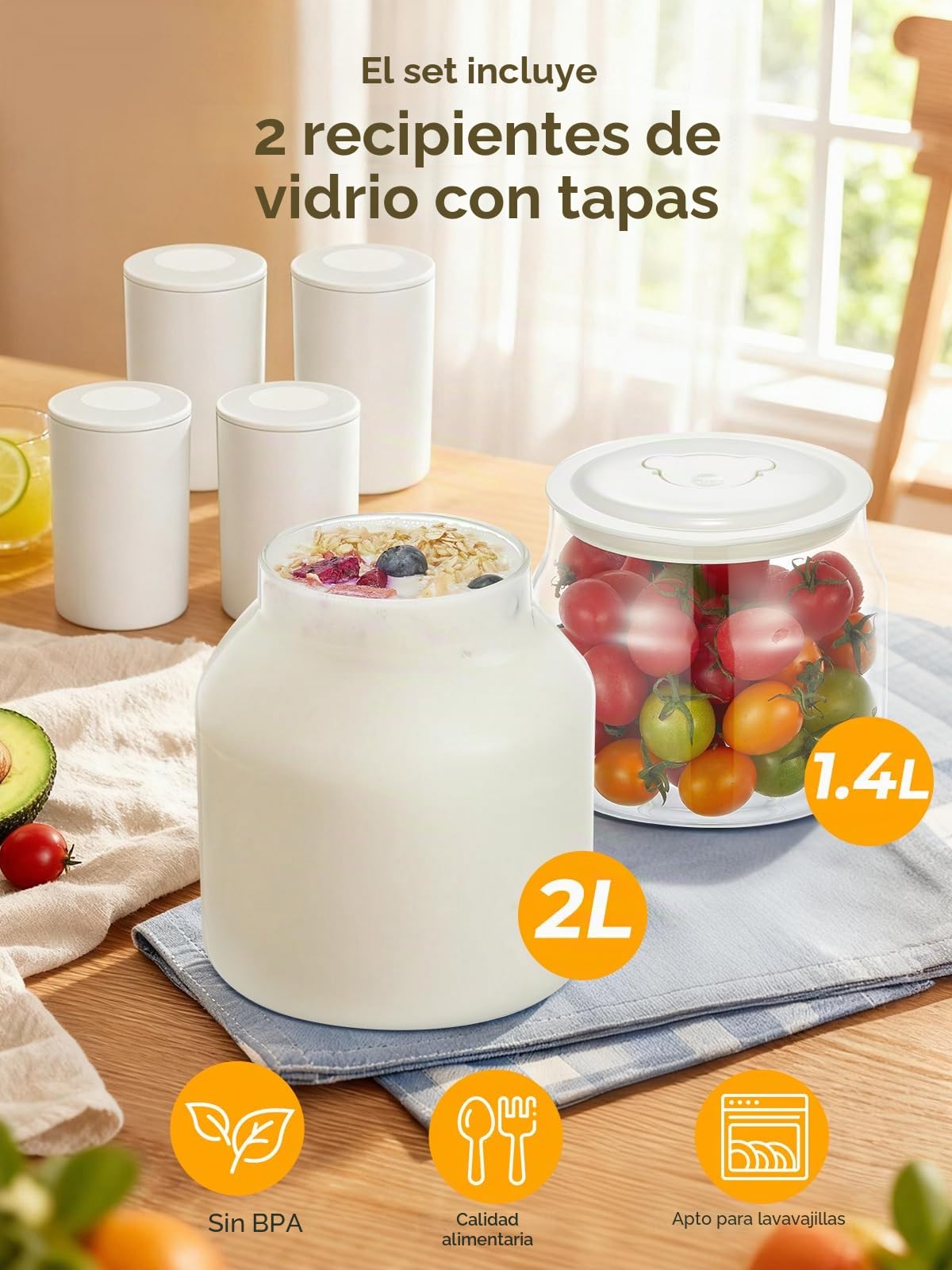 FOHERE Yogurtera con 2 XXL Tarros Capacidad de 2000 ml y 1400 ml, 4 * 125 ml Vasos y Tapa, 8 Programas Preestablecidos, Pantalla LCD, Temporizador, Potencia 20 W, Sin BPA
