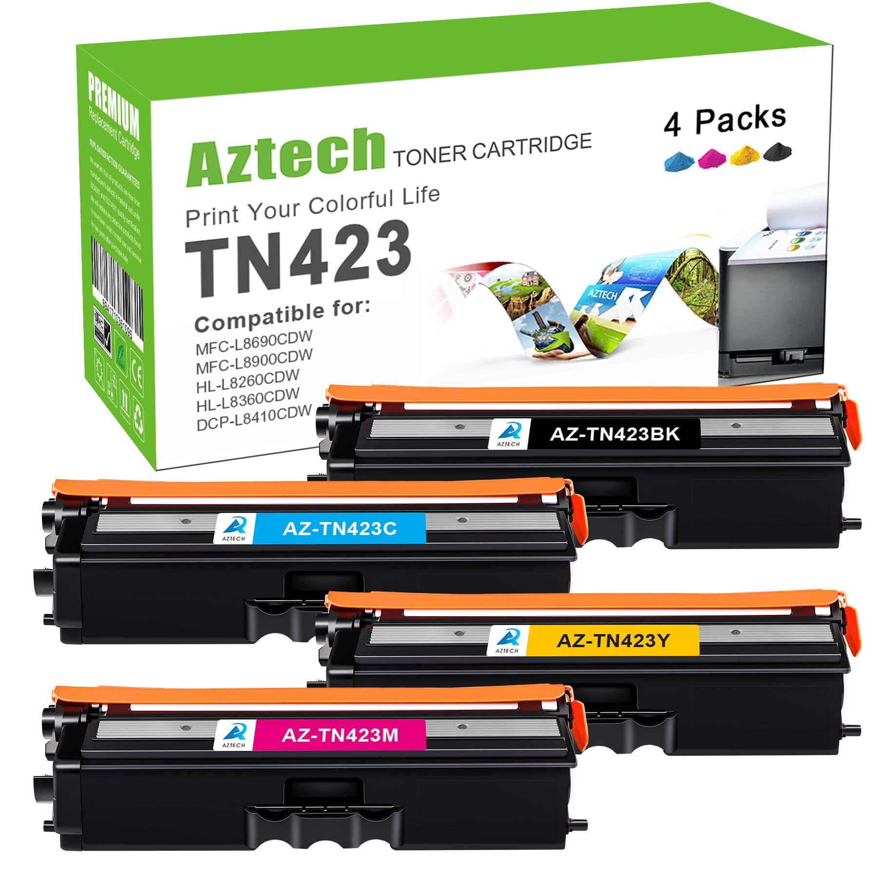 AZTECH TN423 Compatible Toner Replacement for Brother TN-423 MFC-L8690CDW DCP-L8410CDW HL-L8260CDW HL-L8360CDW MFC-L8900CDW Black Cyan Yellow Magenta