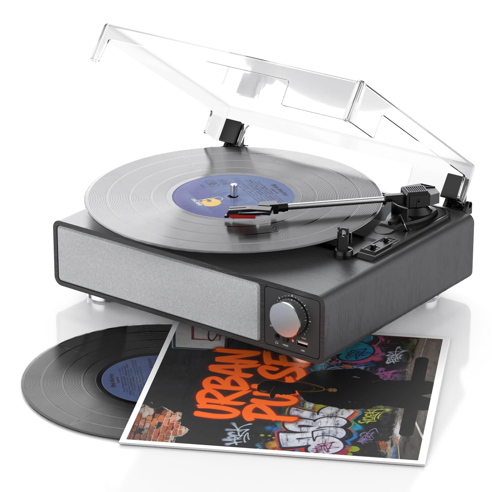 Giradischi in vinile con altoparlanti, giradischi MONODEAL a 3 velocità per dischi in vinile con trasmettitore Bluetooth, arresto automatico, uscita RCA, USB/jack per cuffie, design vintage in legno