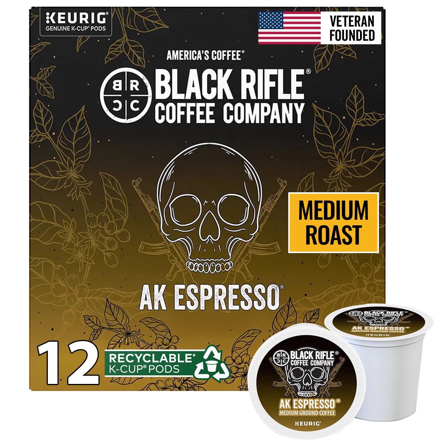 Black Rifle Coffee Company AK Espresso, 12 Count, Medium Roast K Cups - Single Serve K Cups Coffee Pods - Kcup Pods Compatible with Keurig 1.0 & 2.0 - Made from Arabica Beans