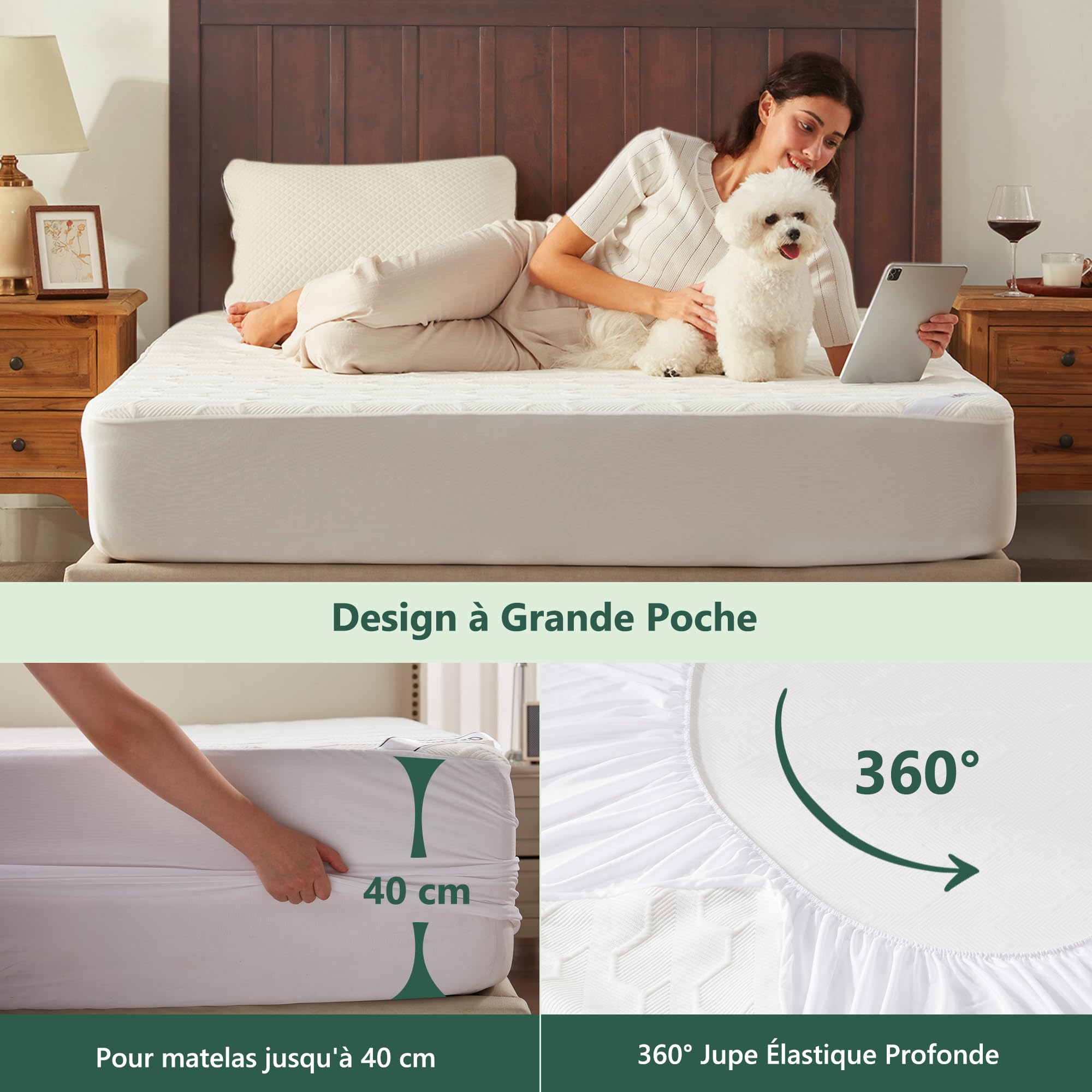 Protège Matelas Imperméable 160x200 cm, BEDLORE Housse de Matelas Integral 40 cm avec Élasticité Tout Autour, Couvre Matelas Respirant, Alèse Adulte Certifiée Oeko-TEX (Blanc)
