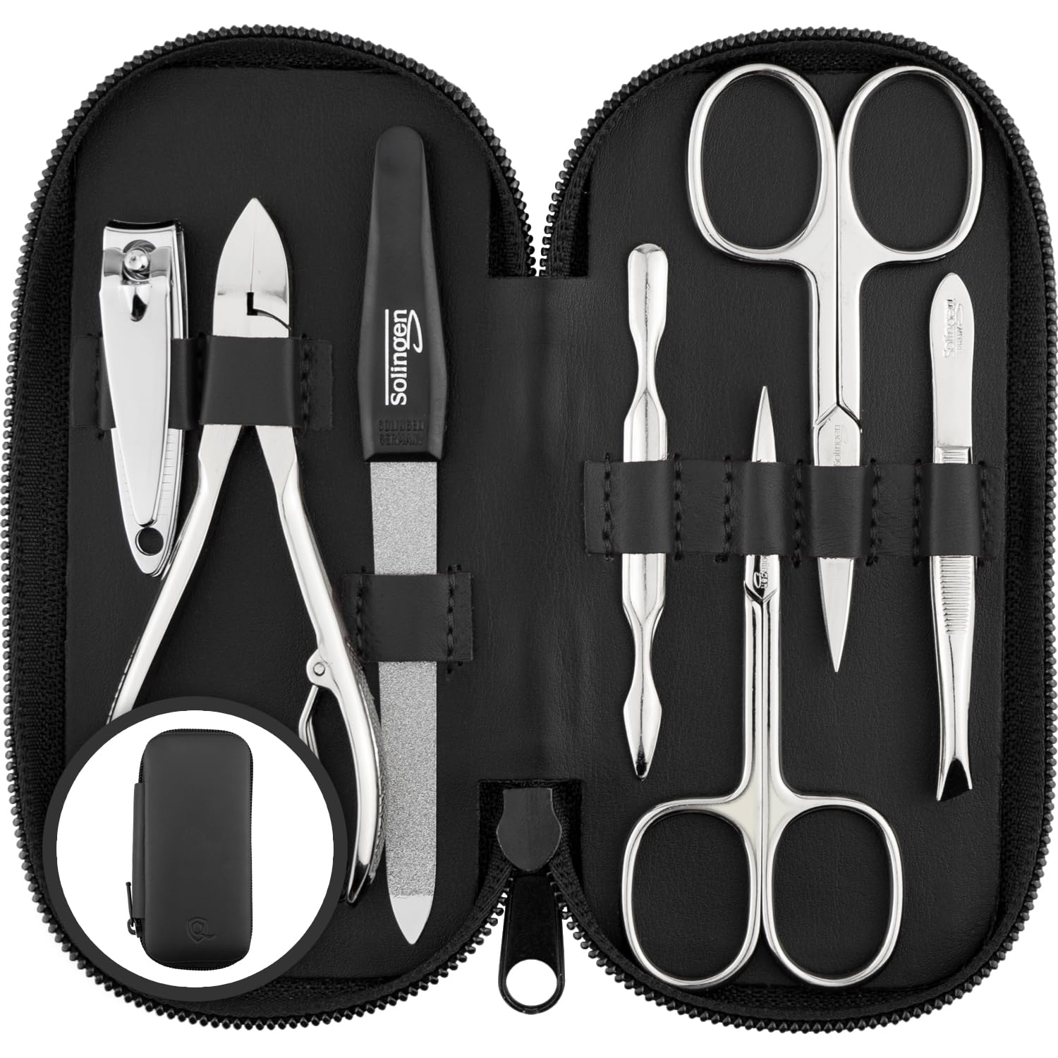 marQus set manicura de 7 piezas de Solingen - Set de manicura y pedicura en estuche de piel auténtica, 2 tijeras, cortaúñas, lima, retira-cutícula, alicate y pinza, para hombre y mujer