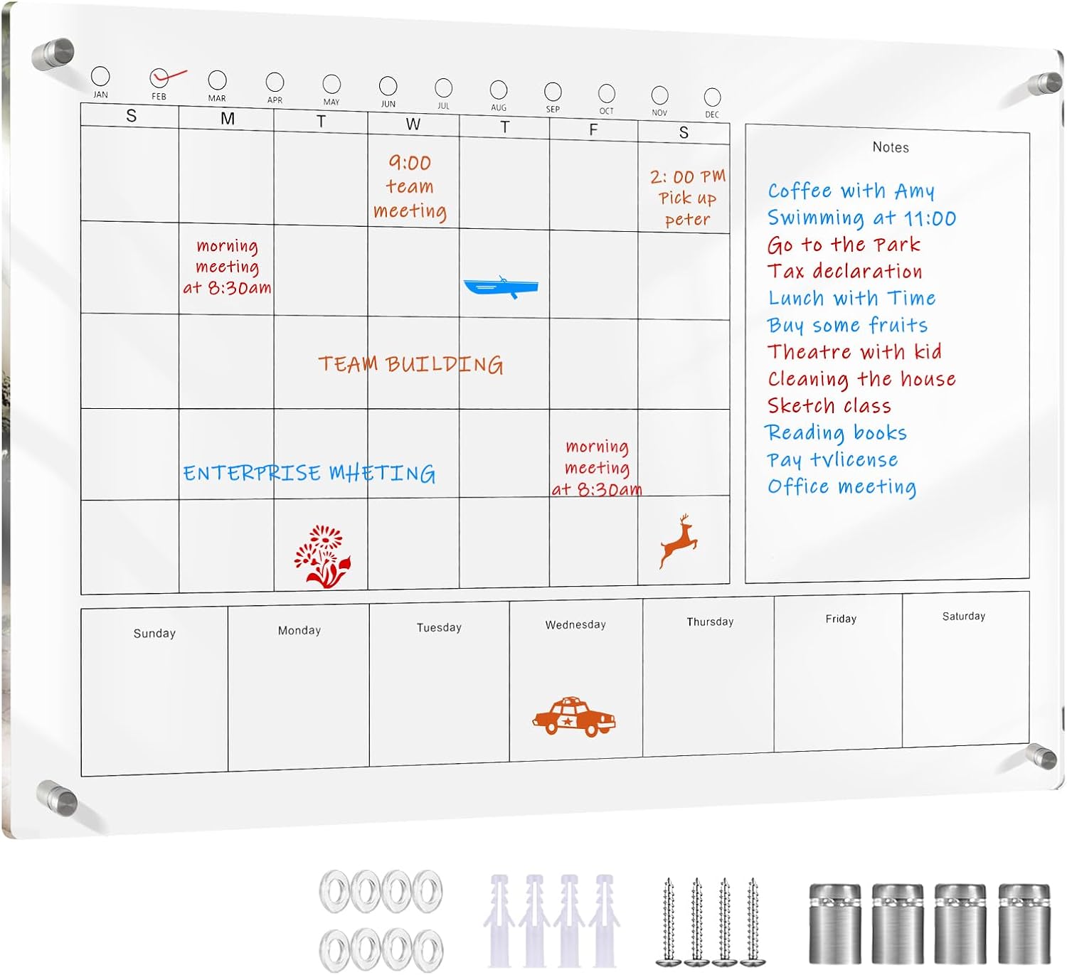 Large Acrylic Calendar for Wall,24"X16",Acrylic Dry Erase Calendar for Wall,Clear Acrylic Wall Calendar for Home/Office