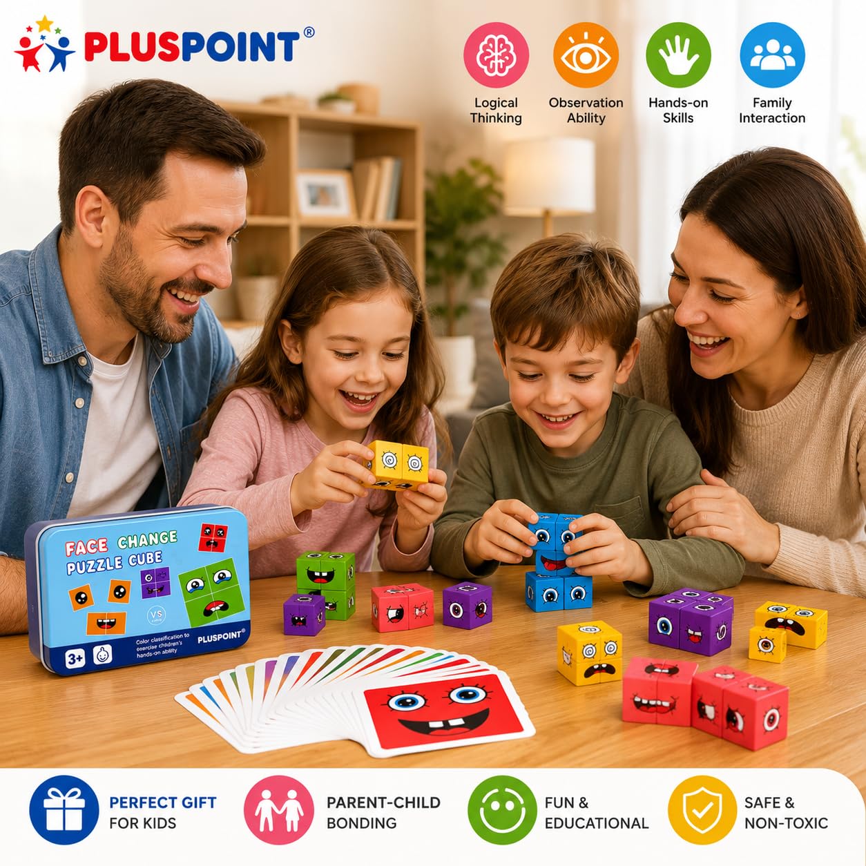 PLUSPOINT Wooden Emoji Face Changing Cube Puzzle Game Expressions Matching Block Puzzles Building Logical Educational Training Toys 16 Face Blocks & 72 Playing Cards Birthday Gift for Kids Boys Girls — Amazon image 7