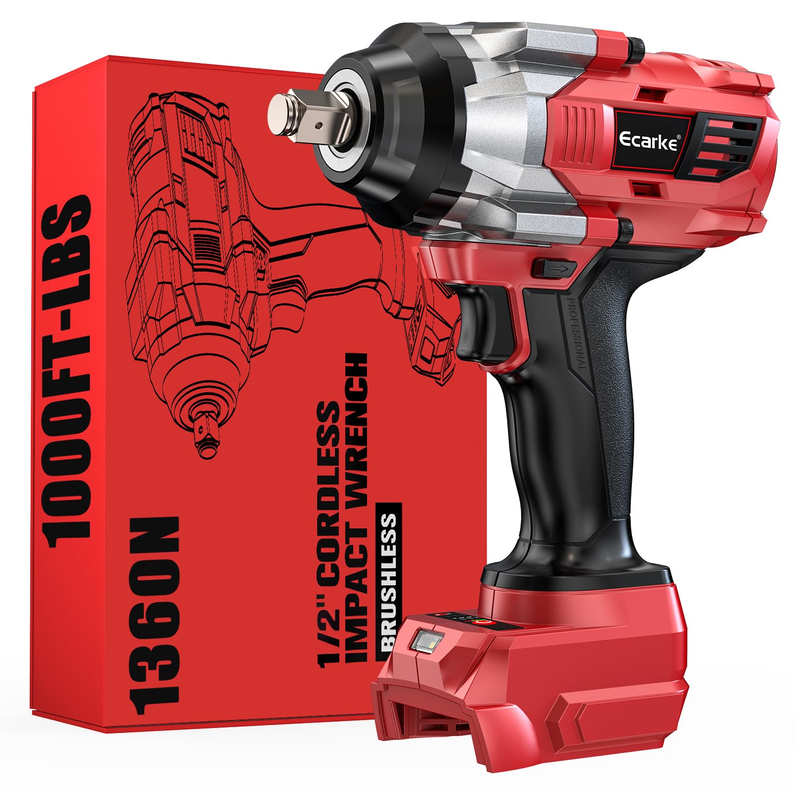 Ecarke 1400N·m Cordless Impact Wrench, 1/2 Inch Brushless High Torque Impact Gun, Electric Impact Driver Compatible with Mil-Waukee 18V Battery, Suitable for Tire Replacement/DIY (Tool Only)-Dark Red