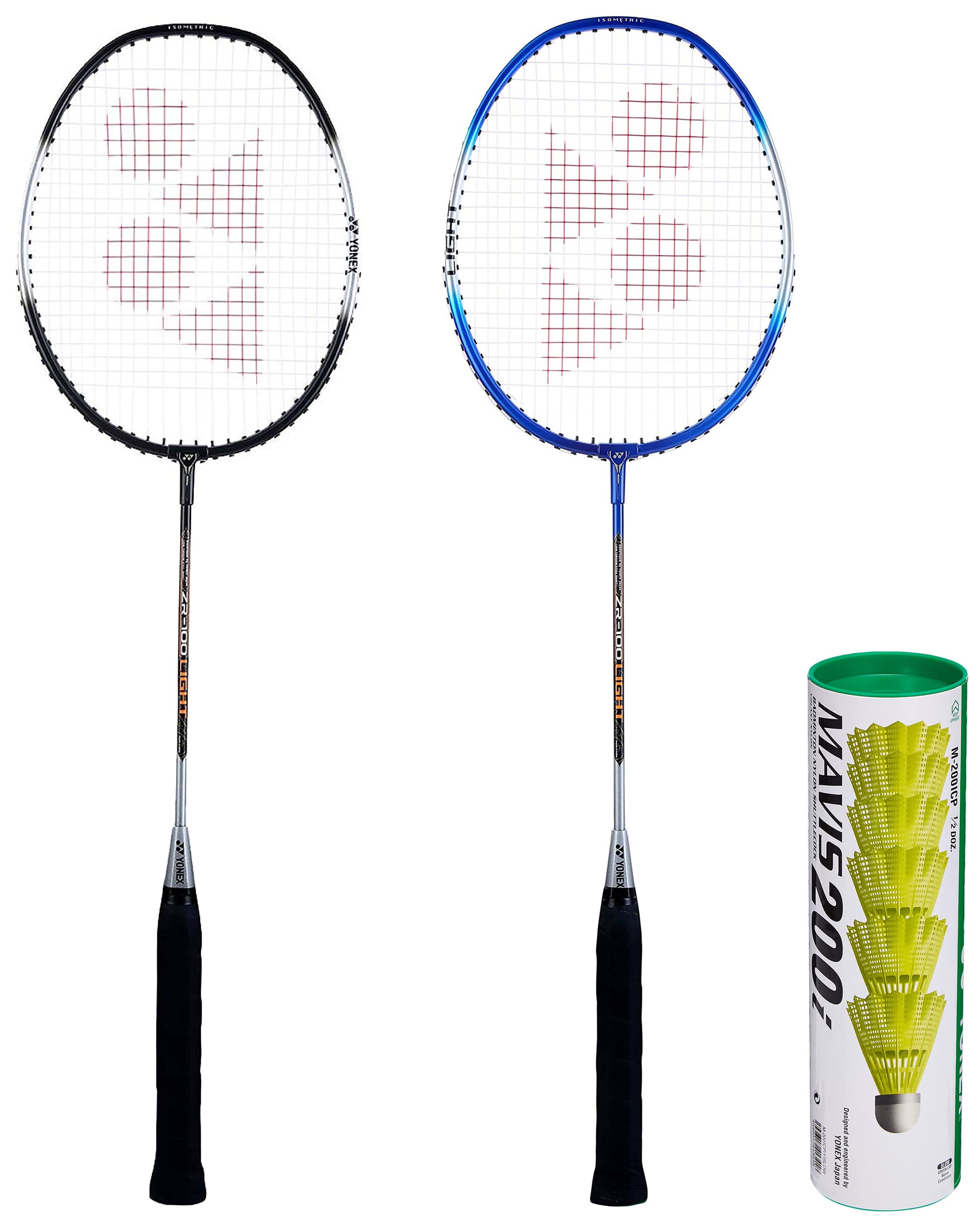 Yonex ZR 100 Light Aluminum Blend Badminton Racquet with Full Cover, Set of 2 (Black/Blue) & Mavis 200i Nylon Shuttle Cock, Pack of 6 (Yellow)