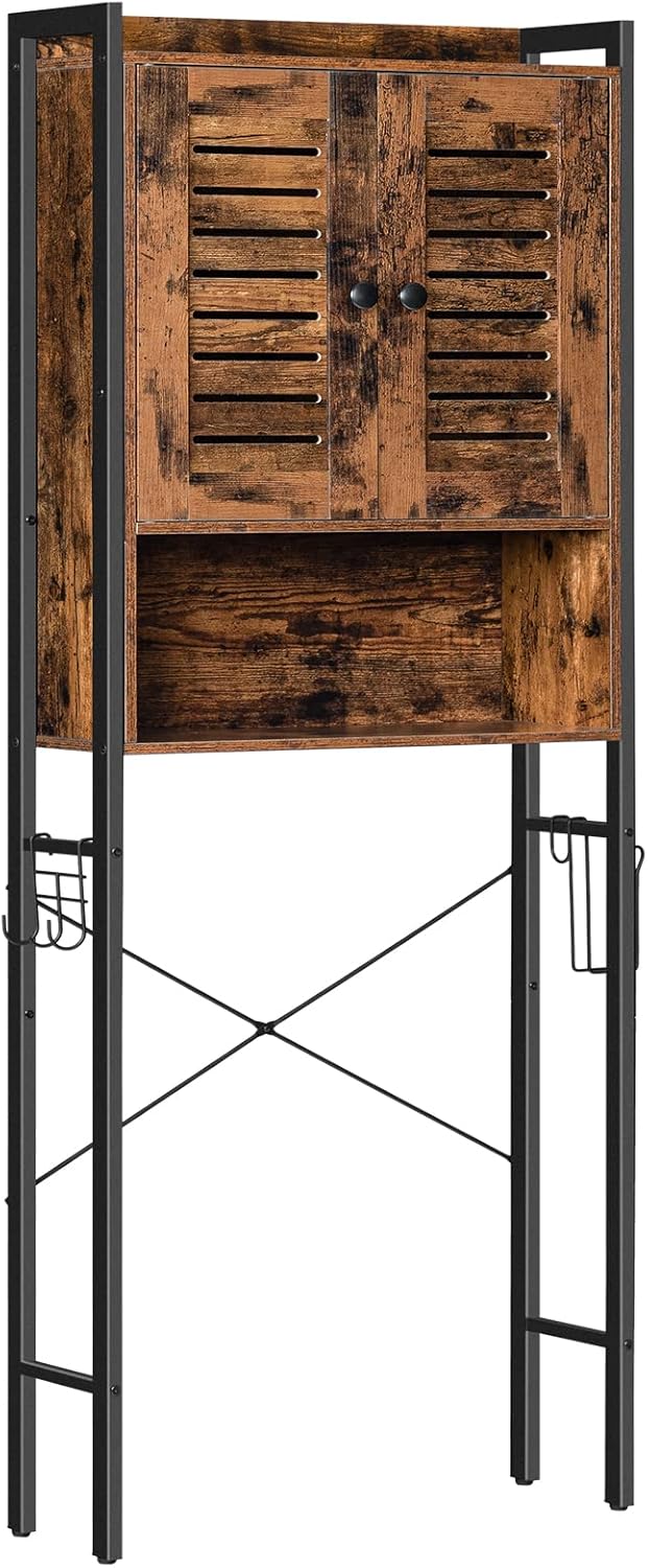 HOOBRO Over The Toilet Storage Cabinet, Mass-Storage Over Toilet Bathroom Organizer with Louver Door, X-Shaped Metal Frame, Space-Saving Toilet Rack, Easy Assembly, Rustic Brown BF431TS01