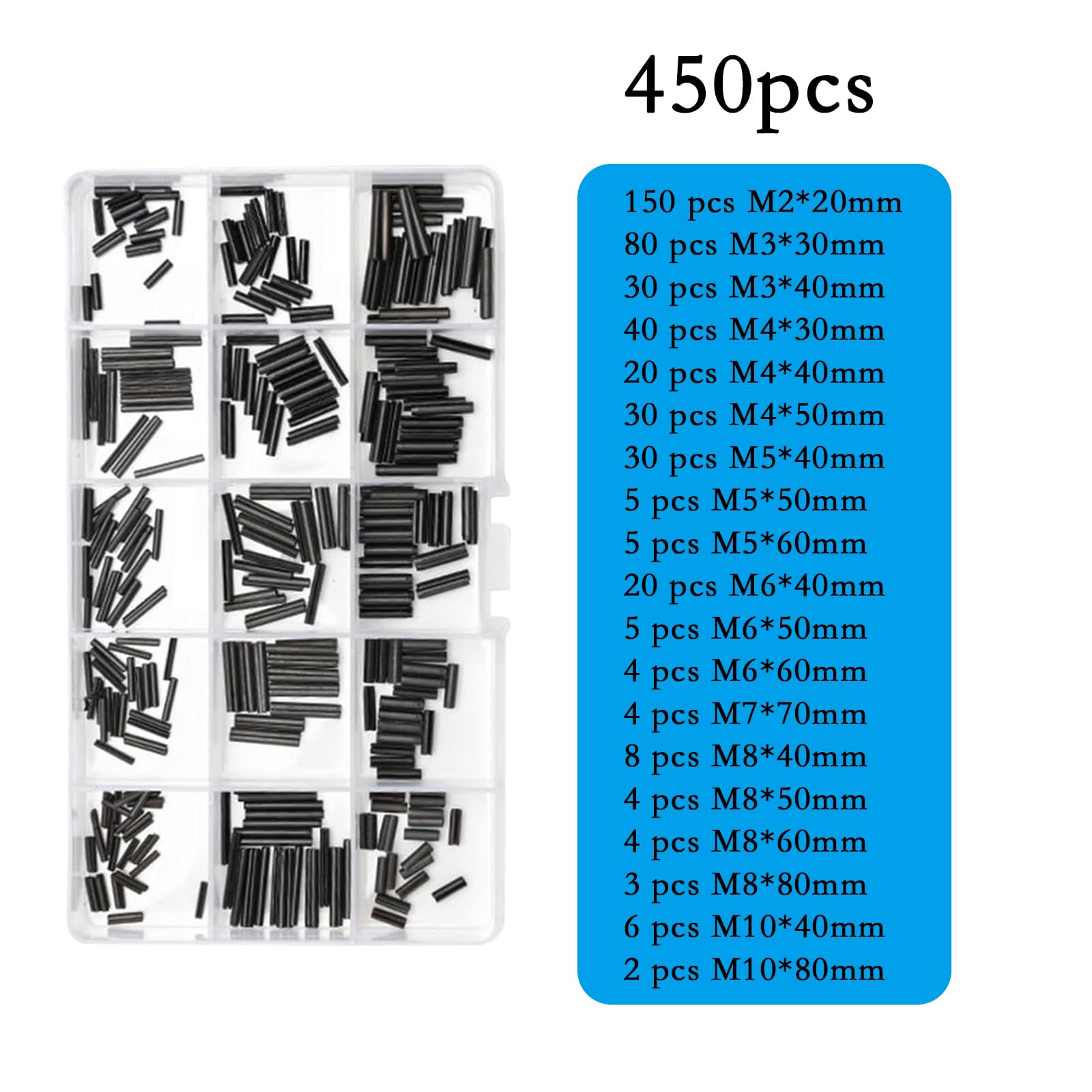 NIYATA 450 Stück Kerbstifte Sortiment,Spannstift Hohlsplinte Set,Hohl Federstifte,Geschlitzte Federstifte Sortimentskasten Spannstifte Edelstahl M2/M3/M4/M5/M6/M7/M8/M10