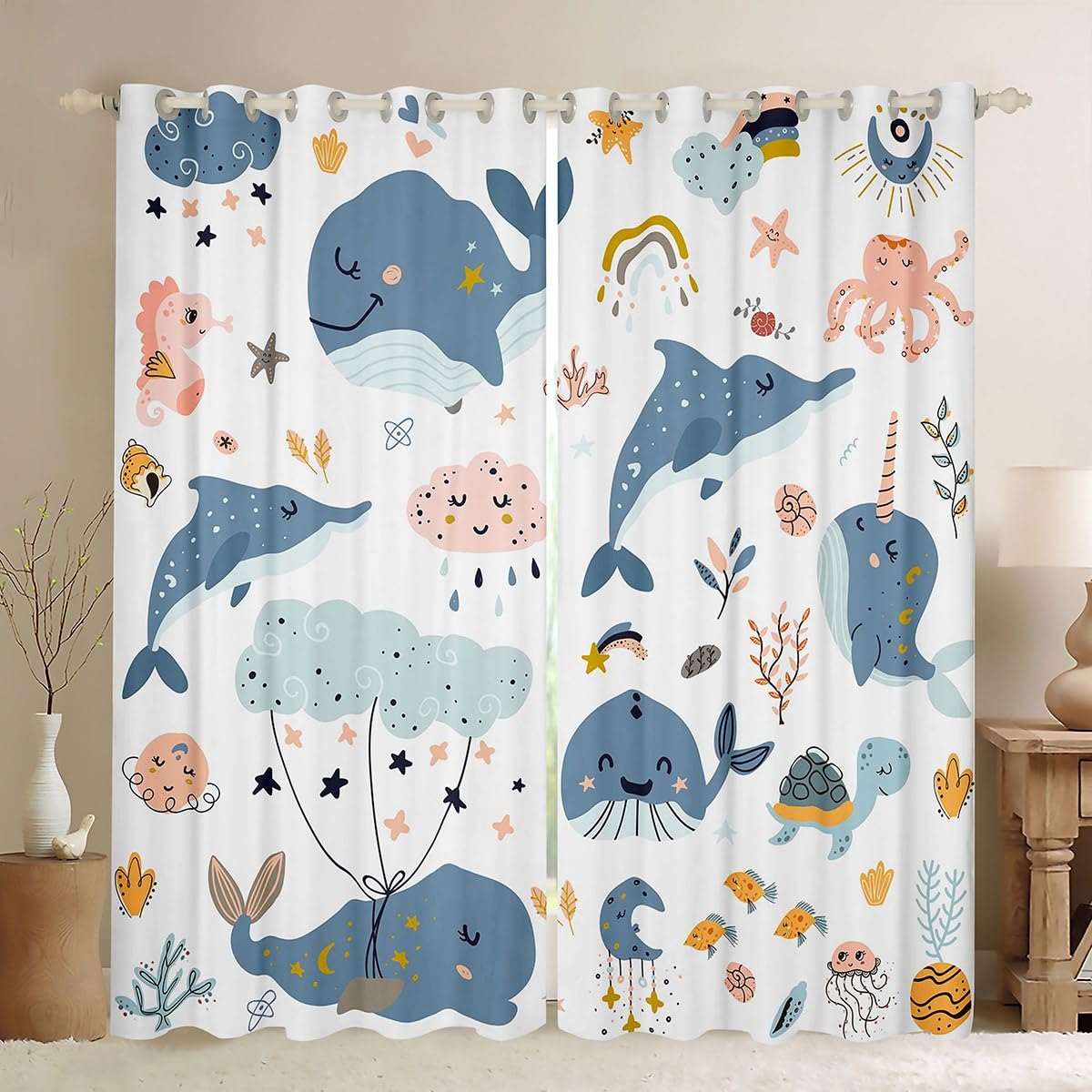 Manfei Whale Blackout Curtain Dolphin Octopus Turtle Fish Window Treatments