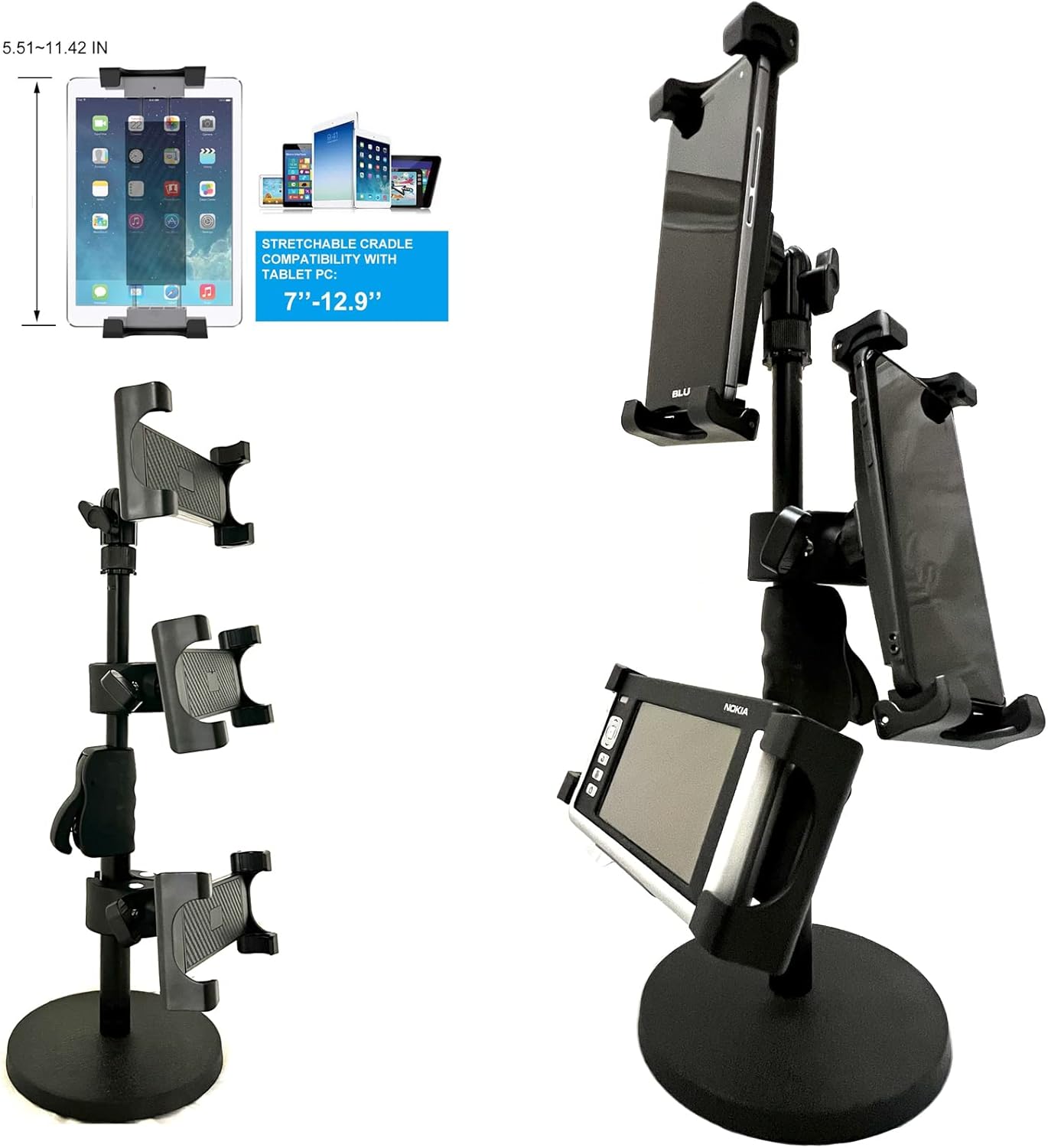 Accessory Basics Universal Tablet/Smartphone 3 in 1 Metal Base CounterTop Table DoorDash Postmate Grubhub Uber Eats Mount Stand for 6 to 13" Screen Tablets and Smartphones