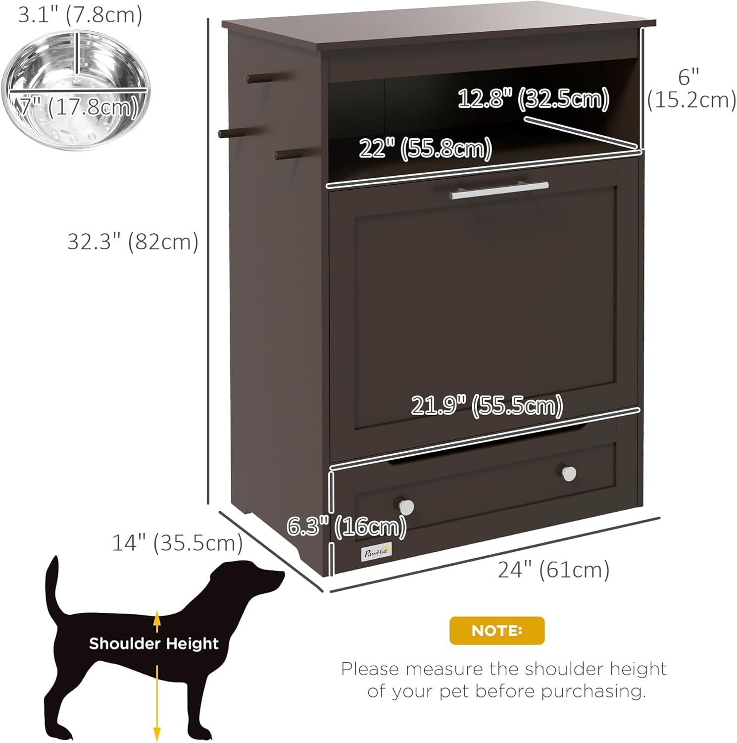 PawHut Dog Feeding Station with Raised Bowls & Storage Cabinet, Pet Feeder Cabinet Container with Hanger for Feeding & Watering Supplies, Dog Food Organizer, Brown