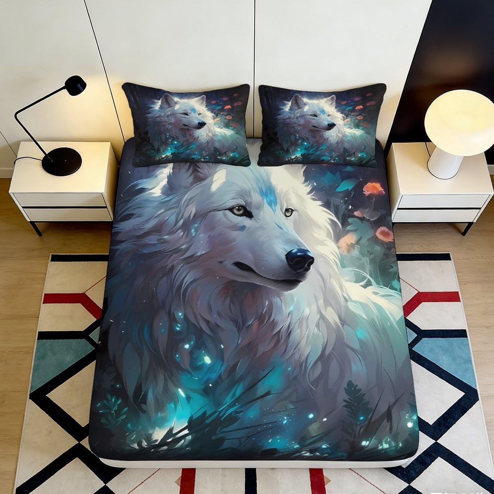 3D Printed White Wolf Fitted Sheet Microfiber Soft Breathable Mystic Forest Bed Cover for Bedroom Dormitory Guest Room Mattress Protection Decor 160x200x25cm