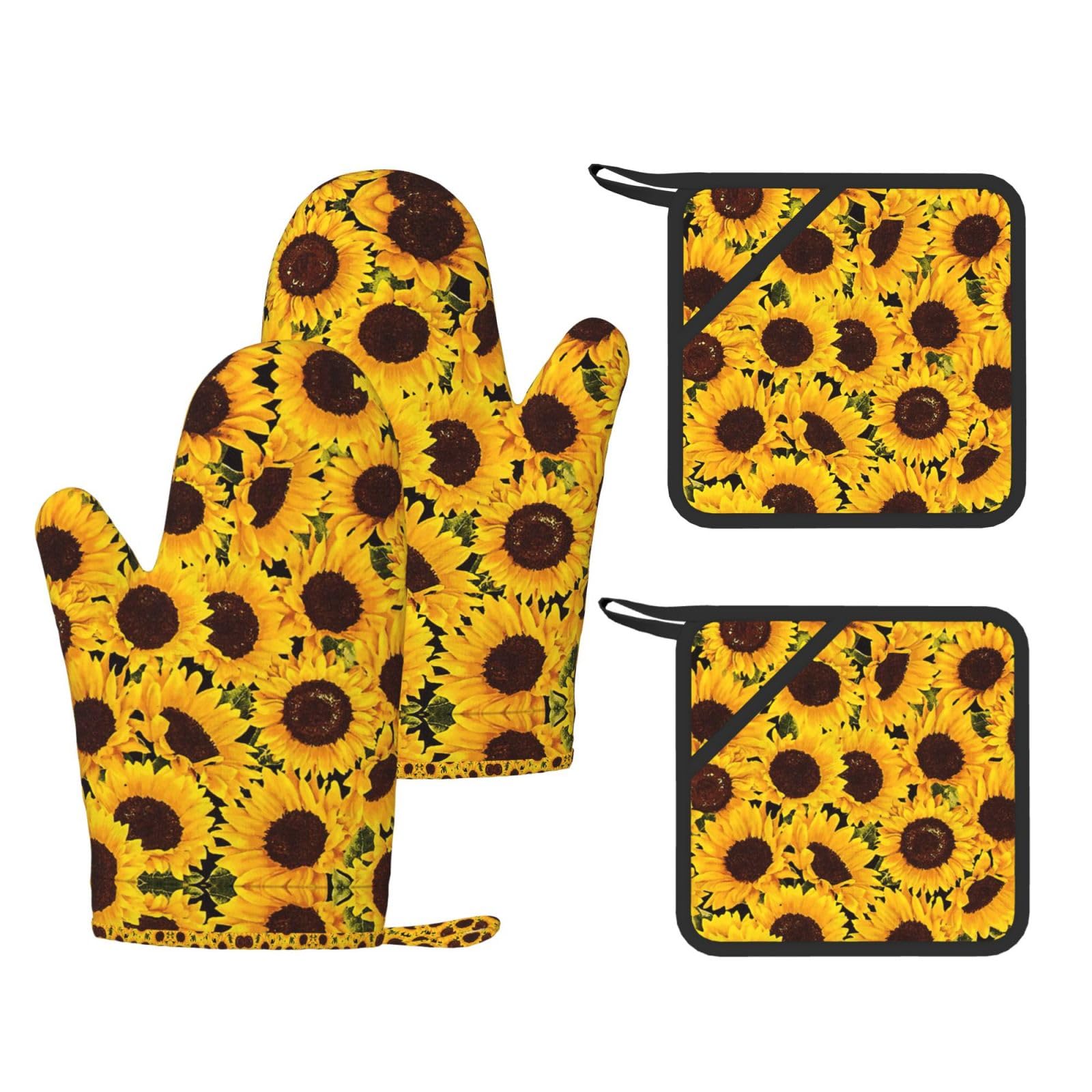 Yellow Sunflowers Printed Oven Gloves and Hot Pads Set of 4, High Heat Resistant Silicone Mitts for Cooking BBQ