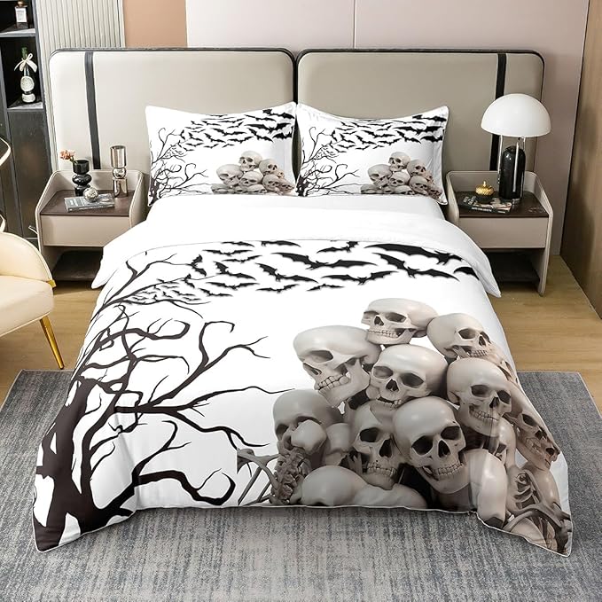 Skeleton 100% Natural Cotton Duvet Cover King Sugar Skull Head Bedding Set,Halloween Skeleton Comforter Cover for Teens Youth Kids,Spooky Scary Bats Bedspread Cover Halloween Decorations Bed Cover