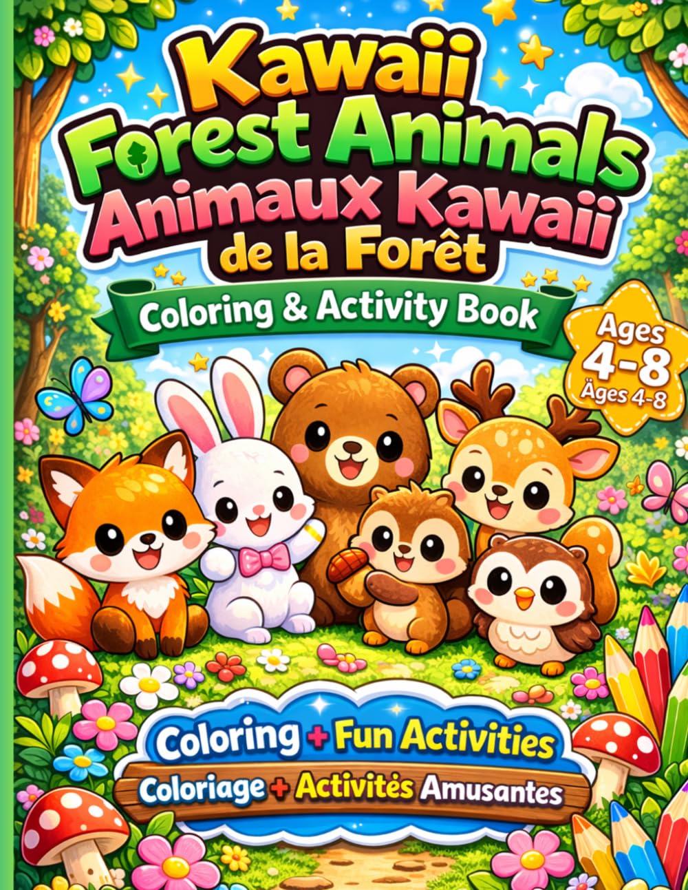 Kawaii Forest Animals Coloring Book for Kids 4–8 | Animaux Kawaii de la Forêt – Livre de Coloriage & Activités: Livre bilingue anglais-français avec ... amusant et animaux mignons de la forêt