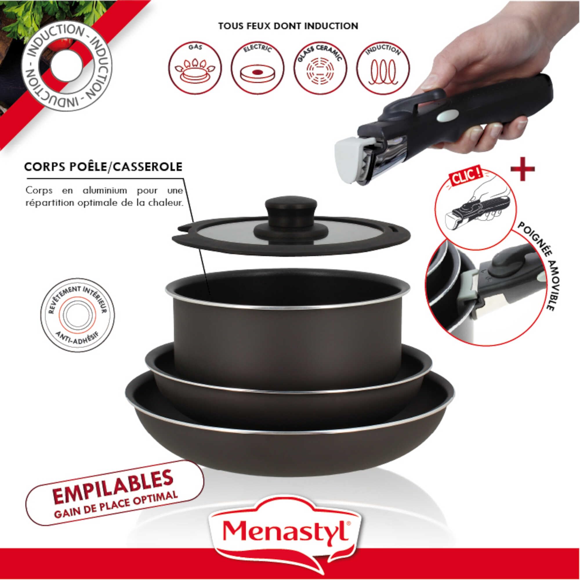 MENASTYL - Set de 8 pièces IRIS - 1 casserole 20cm + 2 poêles 24/28cm + 1 couvercle 20cm + 1 poignée amovible + 1 cuillère + 2 spatules ajourées - Compatible tous feux dont induction - 6020450